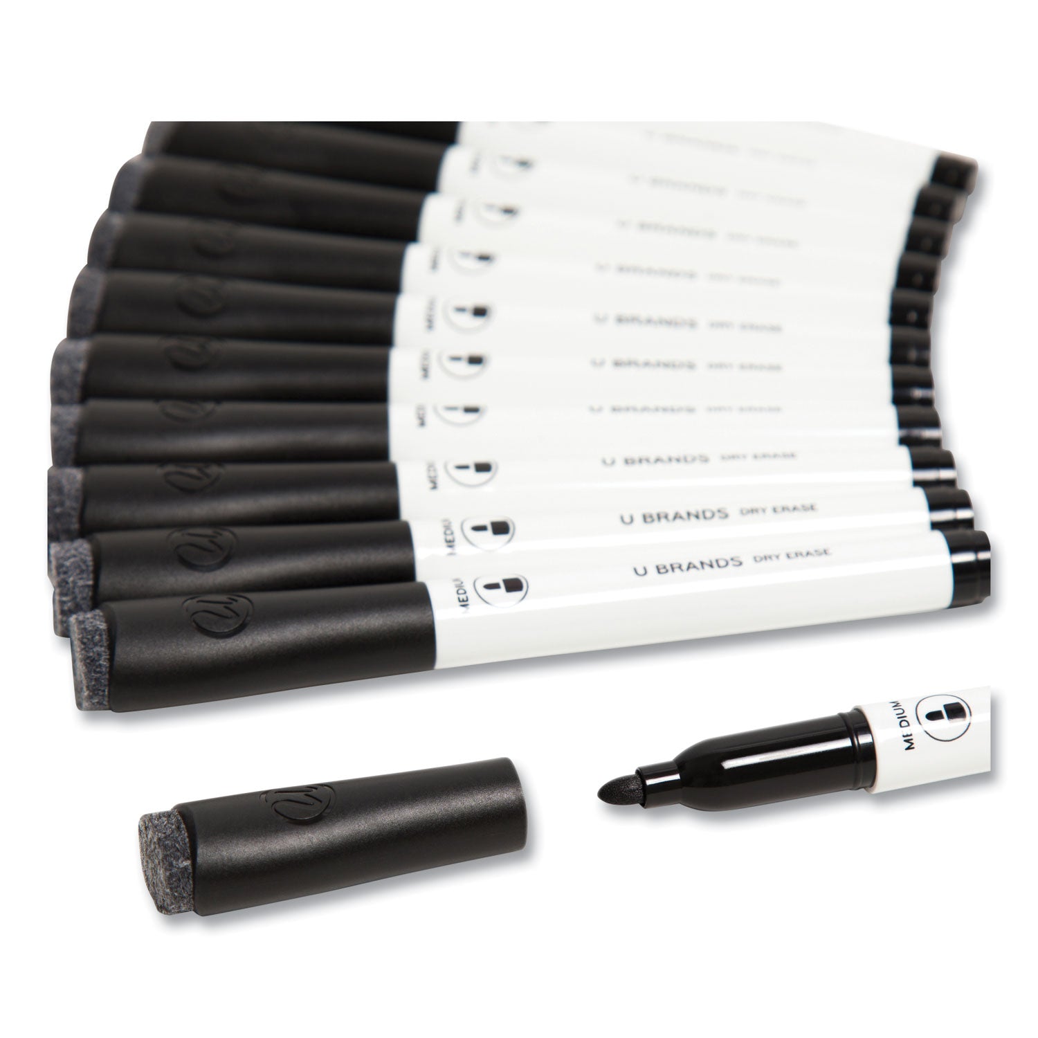 U Brands Medium Point Low-Odor Dry-Erase Markers With Erasers, Medium Bullet Tip, Black, Dozen
