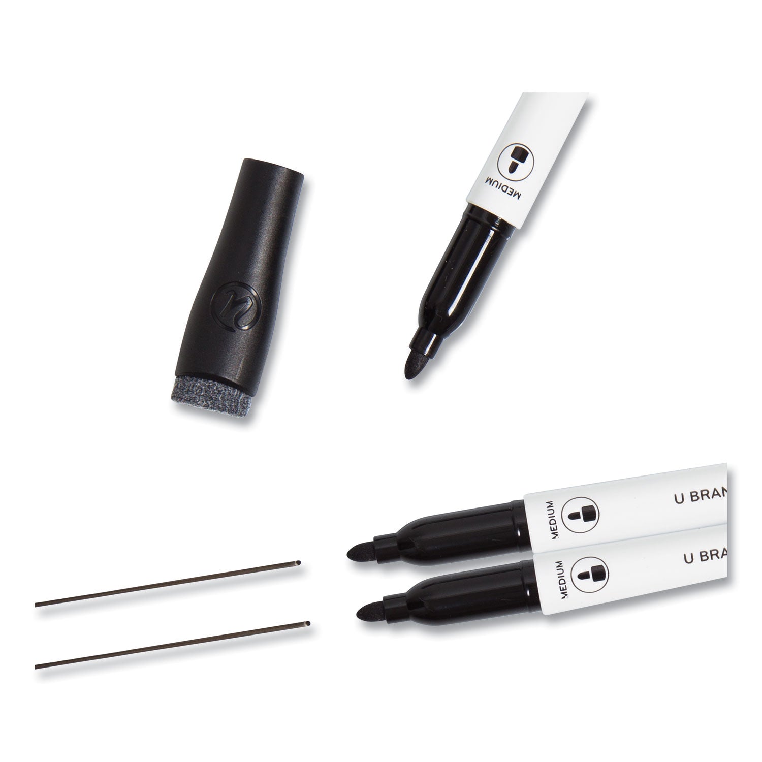 U Brands Medium Point Low-Odor Dry-Erase Markers With Erasers, Medium Bullet Tip, Black, Dozen