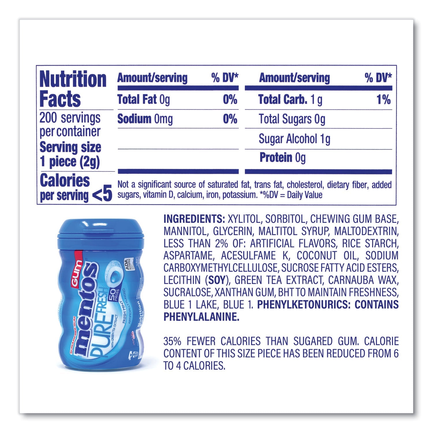 Mentos® Pure Fresh Gum Variety Pack, Fresh Mint/Spearmint, 50 Pieces/Bottle, 8 Bottles/Carton - Bloom Skins