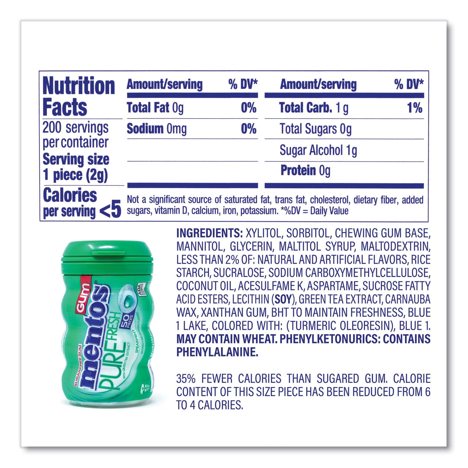 Mentos® Pure Fresh Gum Variety Pack, Fresh Mint/Spearmint, 50 Pieces/Bottle, 8 Bottles/Carton - Bloom Skins