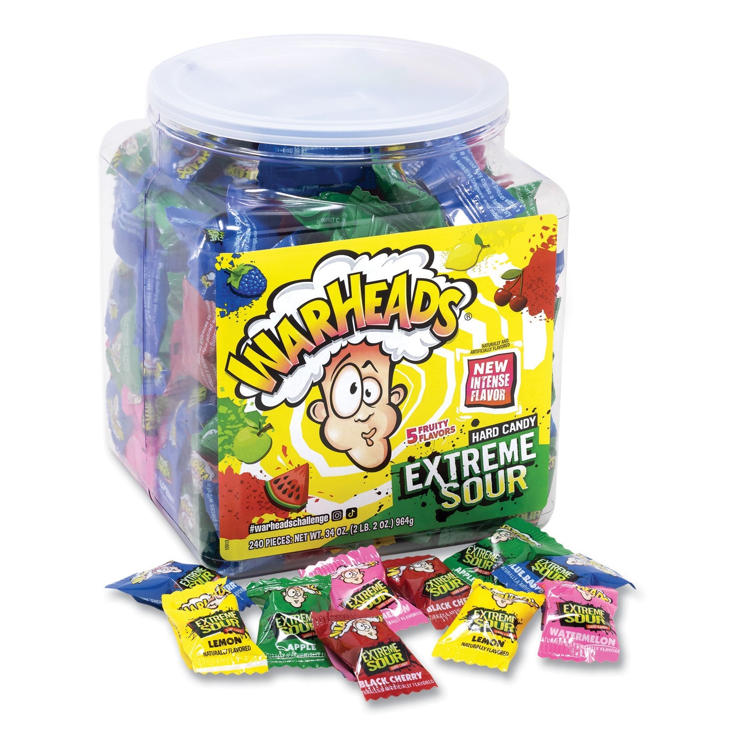 WARHEADS® Xtreme Sour Hard Candy, Assorted Flavors, 34 oz Tub