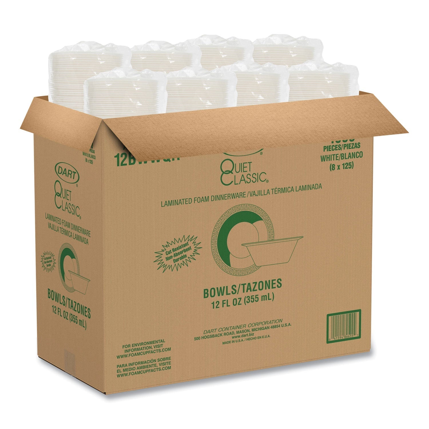 Dart® Quiet Classic Laminated Foam Dinnerware Bowls, 10 To 12 Oz, White, 125/pack, 8 Packs/carton - Bloom Skins