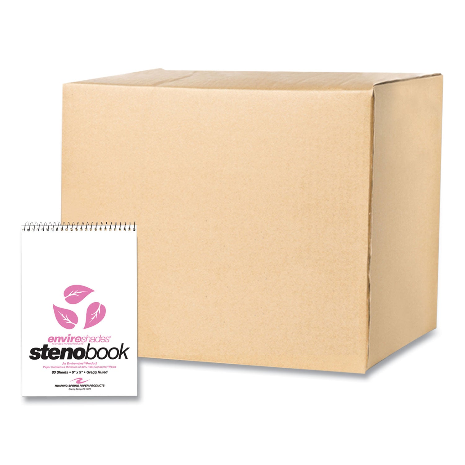 Roaring Spring® EnviroShades Steno Pad, Gregg Rule, White Cover, 80 Pink 6 x 9 Sheets, 24 Pads/Carton