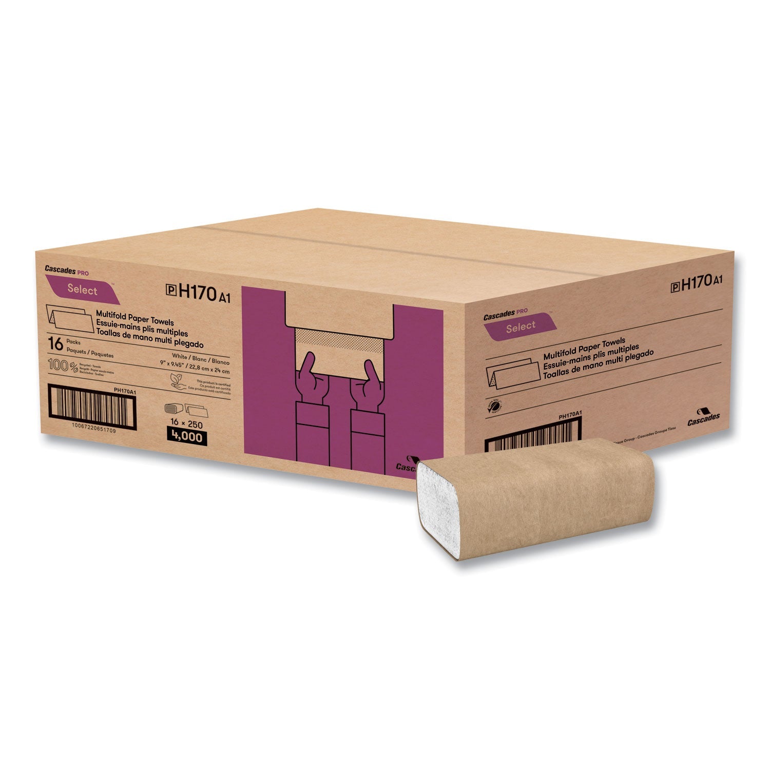 Cascades PRO Select Folded Paper Towels, Multifold, 1-Ply, 9.13 x 9.5, White, 250/Pack, 16 Packs/Carton