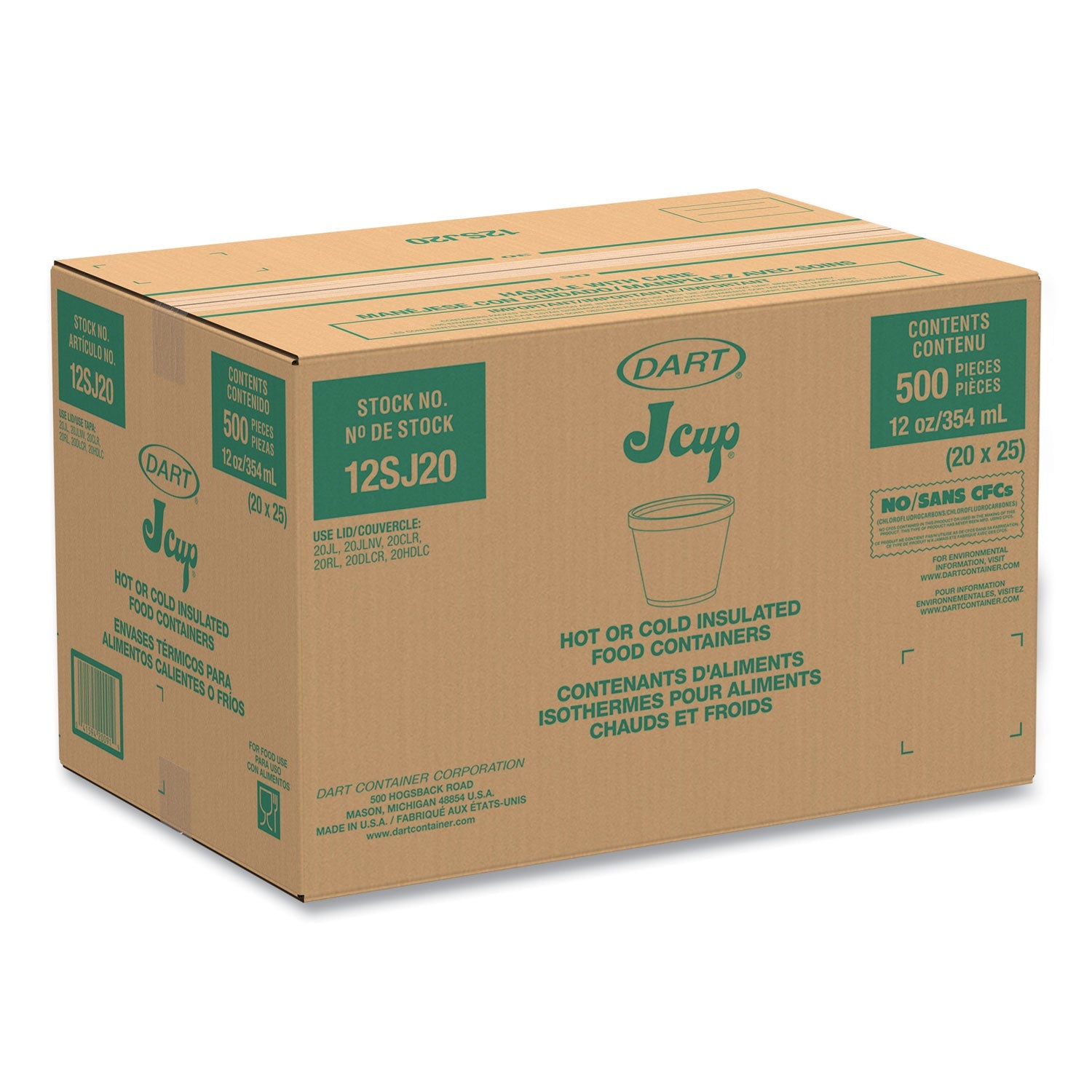 Dart® Food Containers, 12 oz, White, Foam, 25/Bag, 20 Bags/Carton