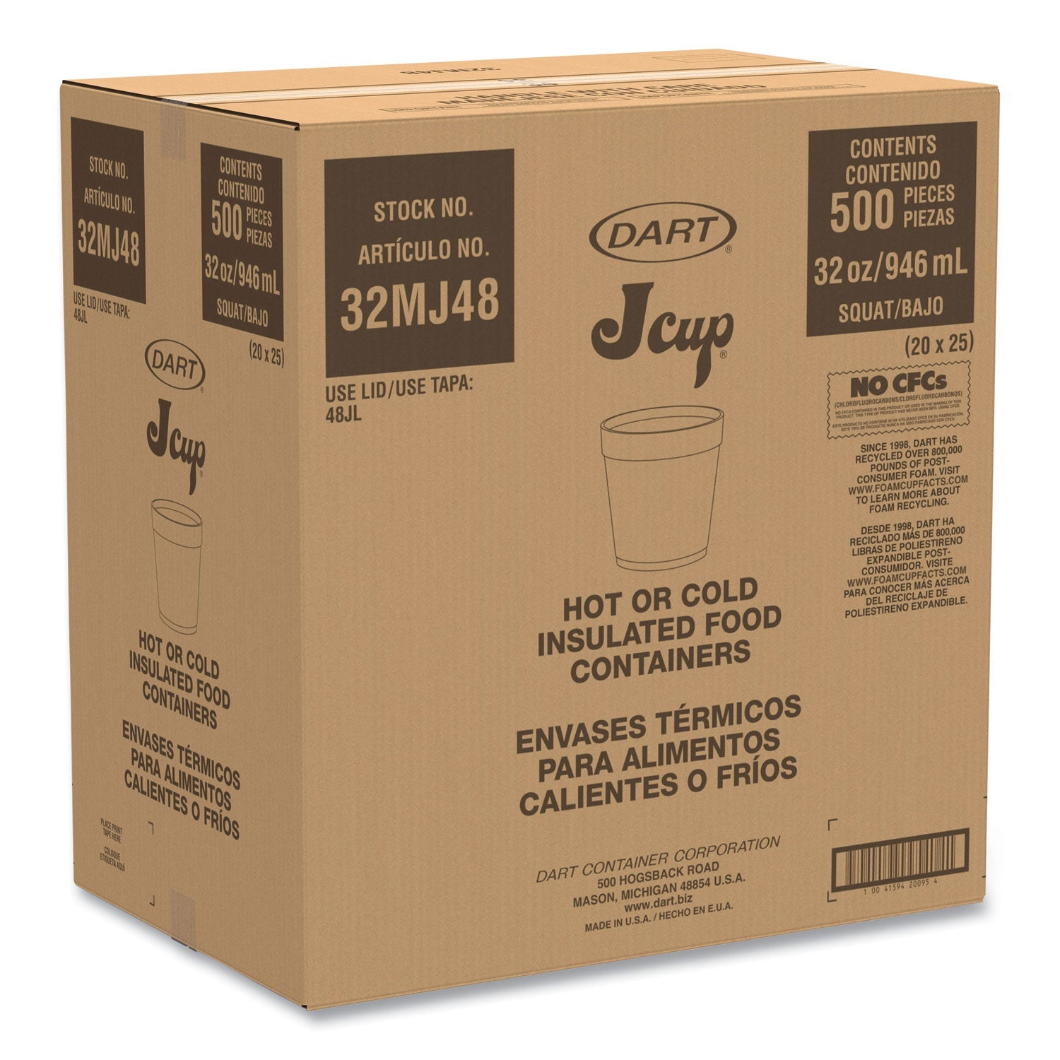 Dart® Foam Containers, 32 Oz, White, 25/bag, 20 Bags/carton