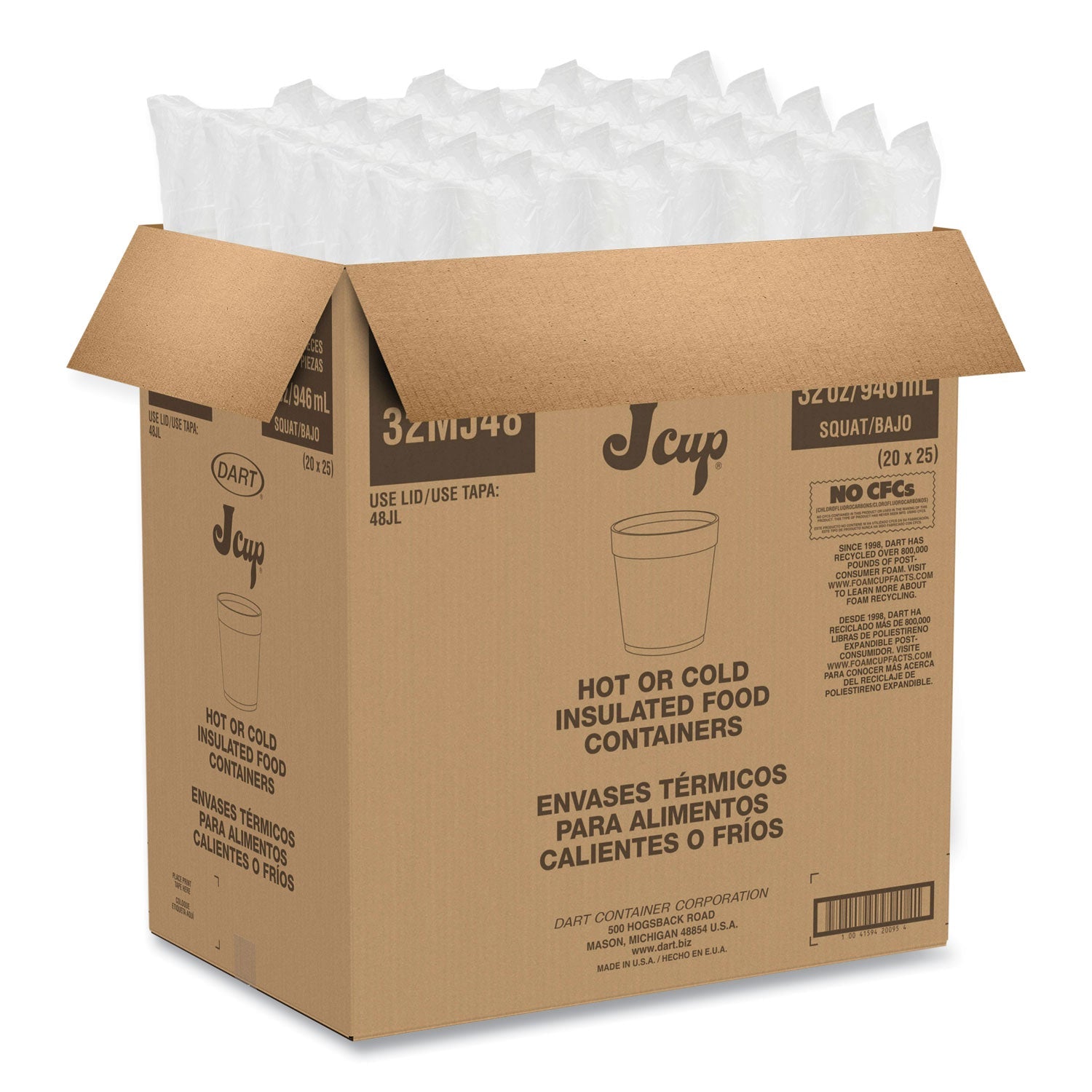 Dart® Foam Containers, 32 Oz, White, 25/bag, 20 Bags/carton