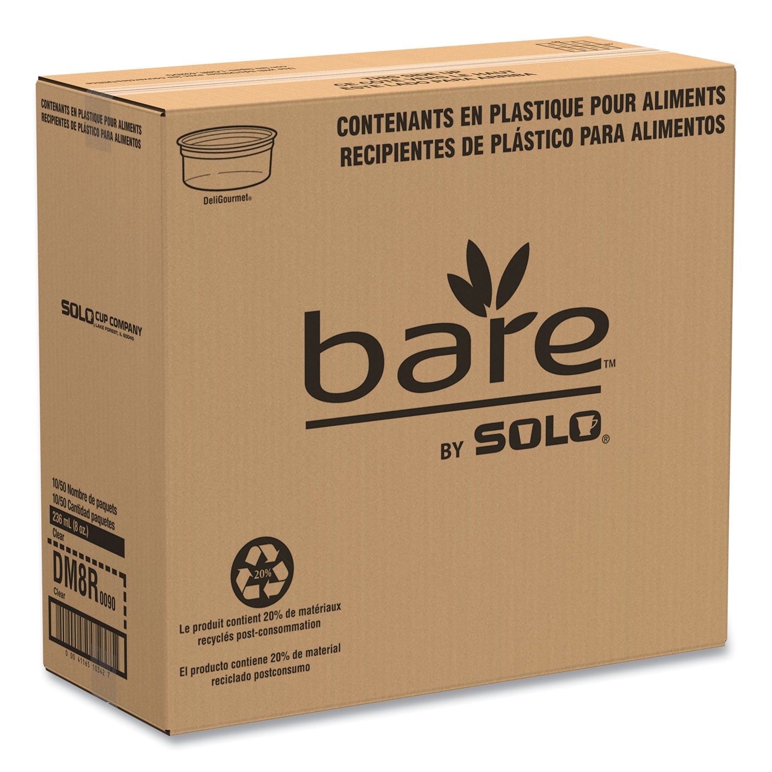 SOLO® Bare Eco-Forward RPET Deli Containers, ProPlanet Seal, 8 oz, 4.6" Diameter x 1.8" h, Clear, Plastic, 500/Carton