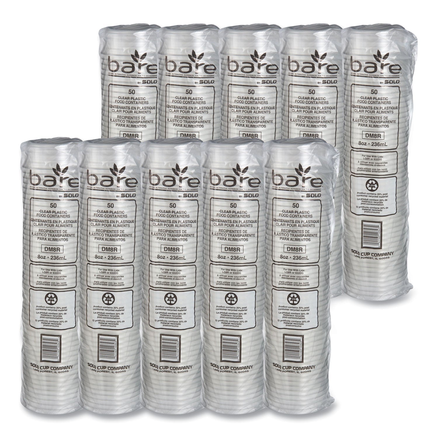 SOLO® Bare Eco-Forward RPET Deli Containers, ProPlanet Seal, 8 oz, 4.6" Diameter x 1.8" h, Clear, Plastic, 500/Carton