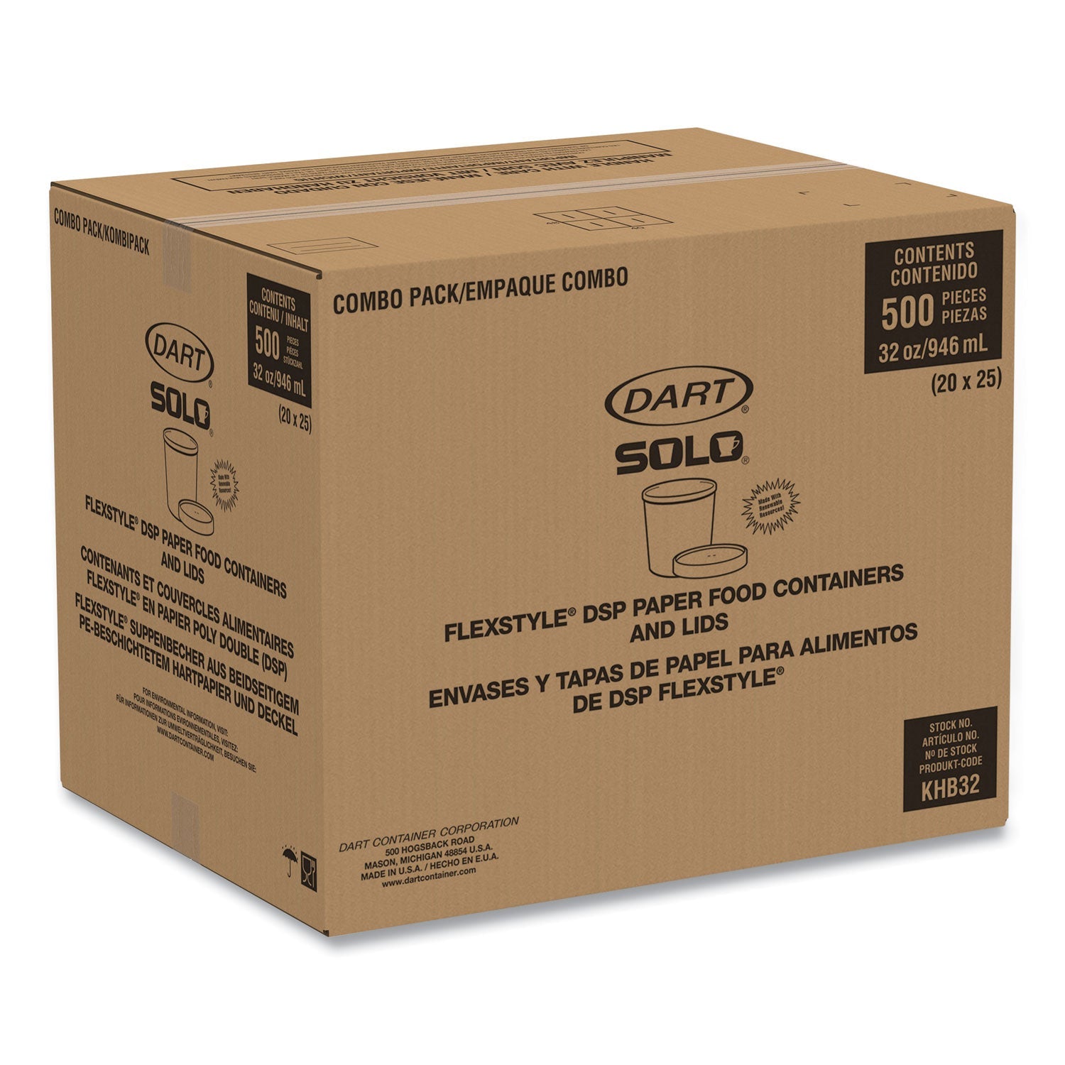 SOLO® Flexstyle Double Poly Food Combo Packs, 32 oz, Symphony, Paper, 25 Cups and 25 Lids/Pack, 10 Packs/Carton