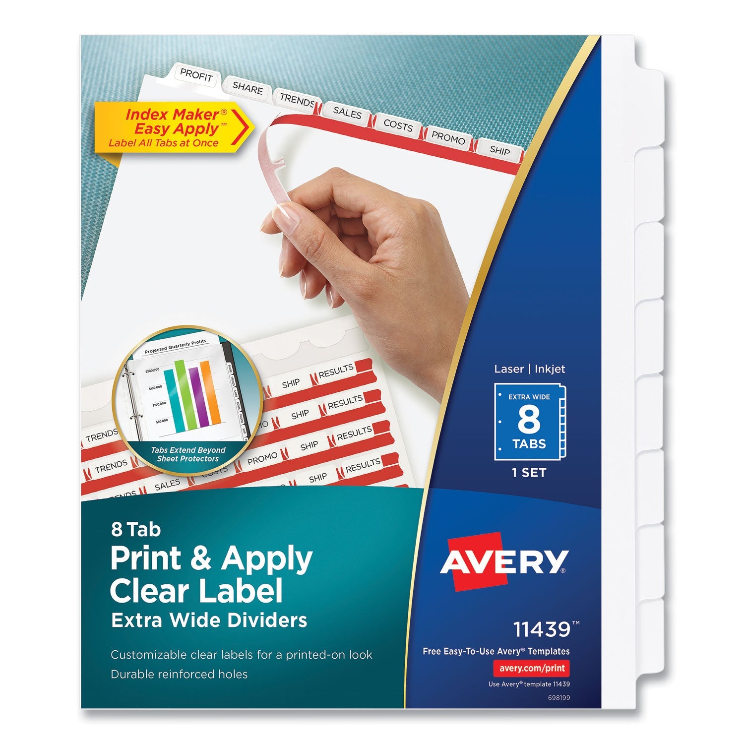 Avery® Print and Apply Index Maker Clear Label Dividers, Extra Wide Tab, 8-Tab, 11.25 x 9.25, White, 1 Set