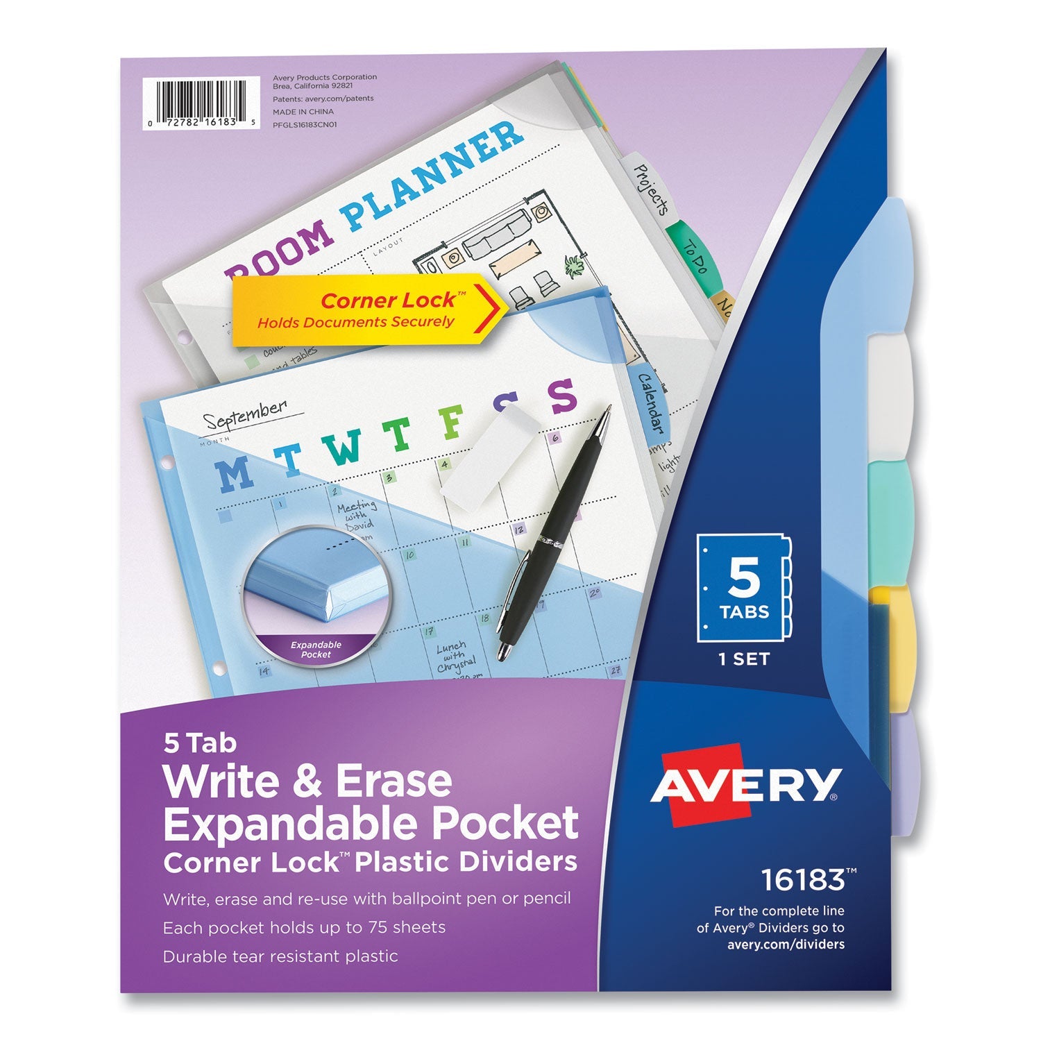 Avery® Write and Erase Big Tab Durable Plastic Dividers, Expandable Pocket, 3-Hole Punched, 5-Tab, 11 x 8.5, Assorted, 1 Set