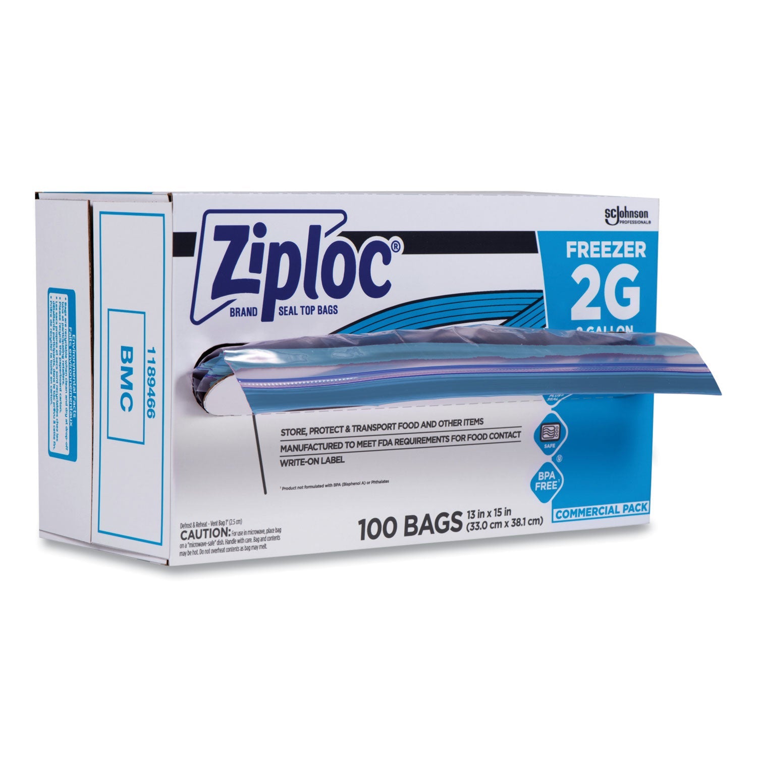 Ziploc® Zipper Freezer Bags, 2 gal, 13" x 15.5", Clear, 100/Carton