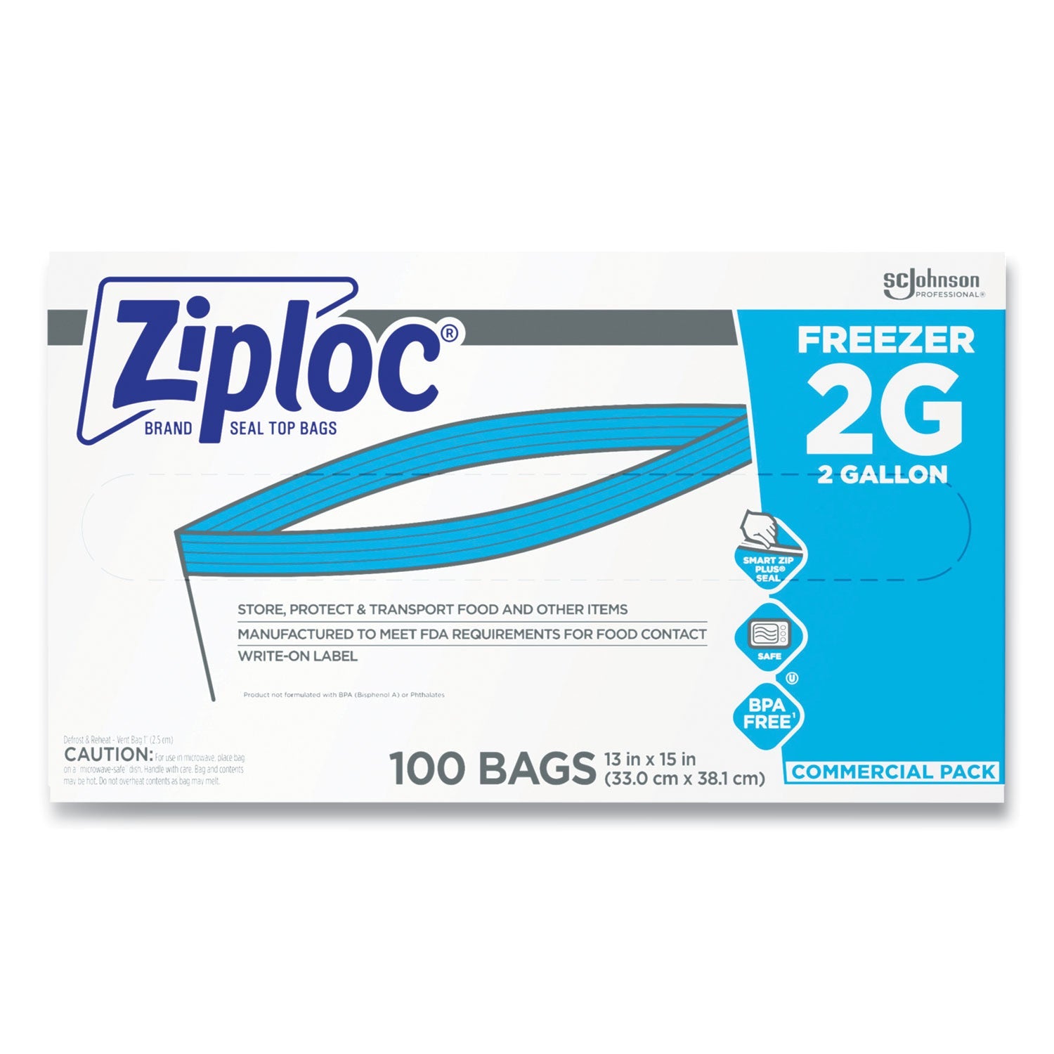 Ziploc® Zipper Freezer Bags, 2 gal, 13" x 15.5", Clear, 100/Carton
