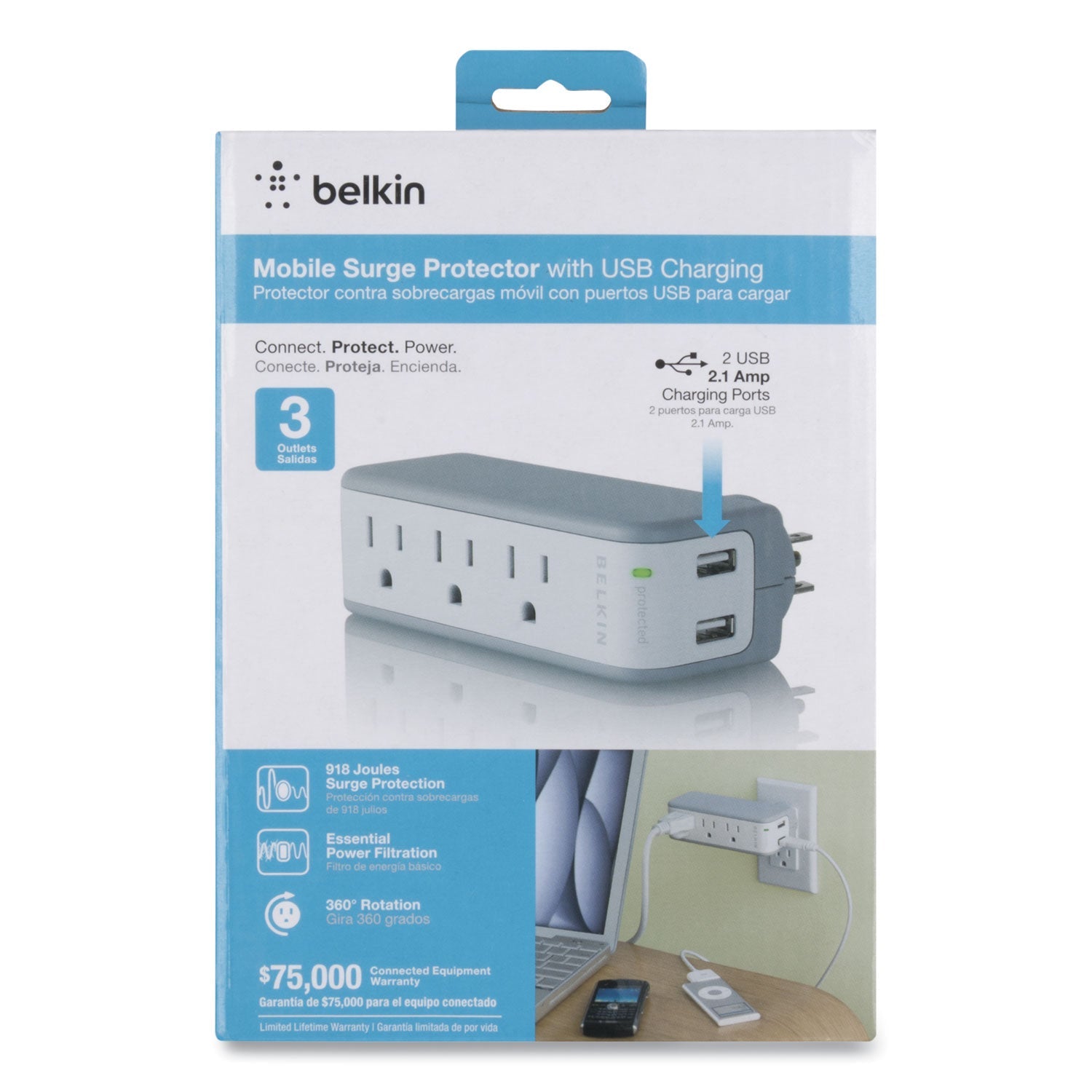Belkin® SurgePlus USB Swivel Charger, 3 AC Outlets/2 USB Ports, 918 J, White - Bloom Skins