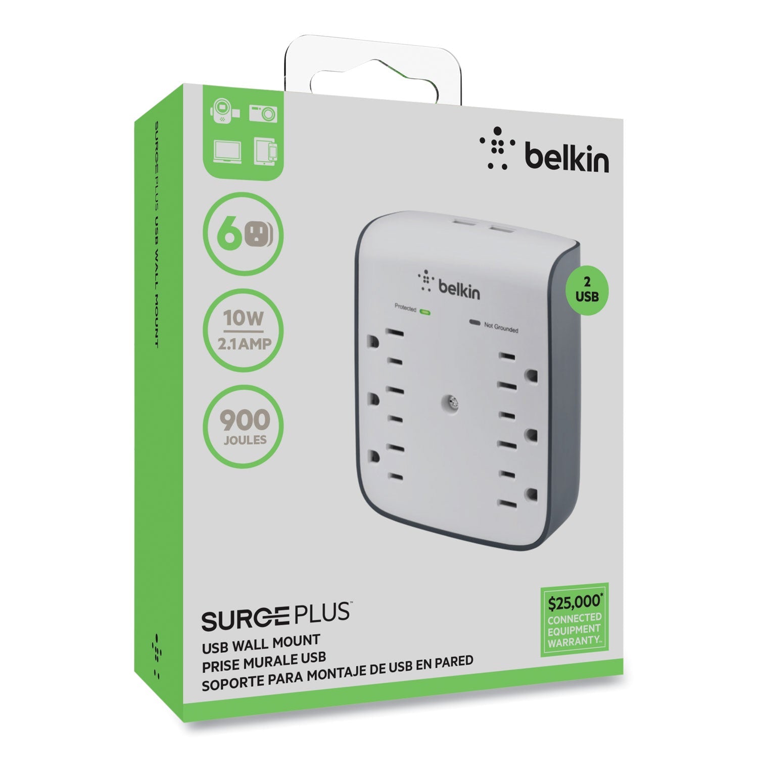 Belkin® SurgePlus USB Wall Mount Charger, 6 AC Outlets/2 USB Ports, 900 J, White/Black