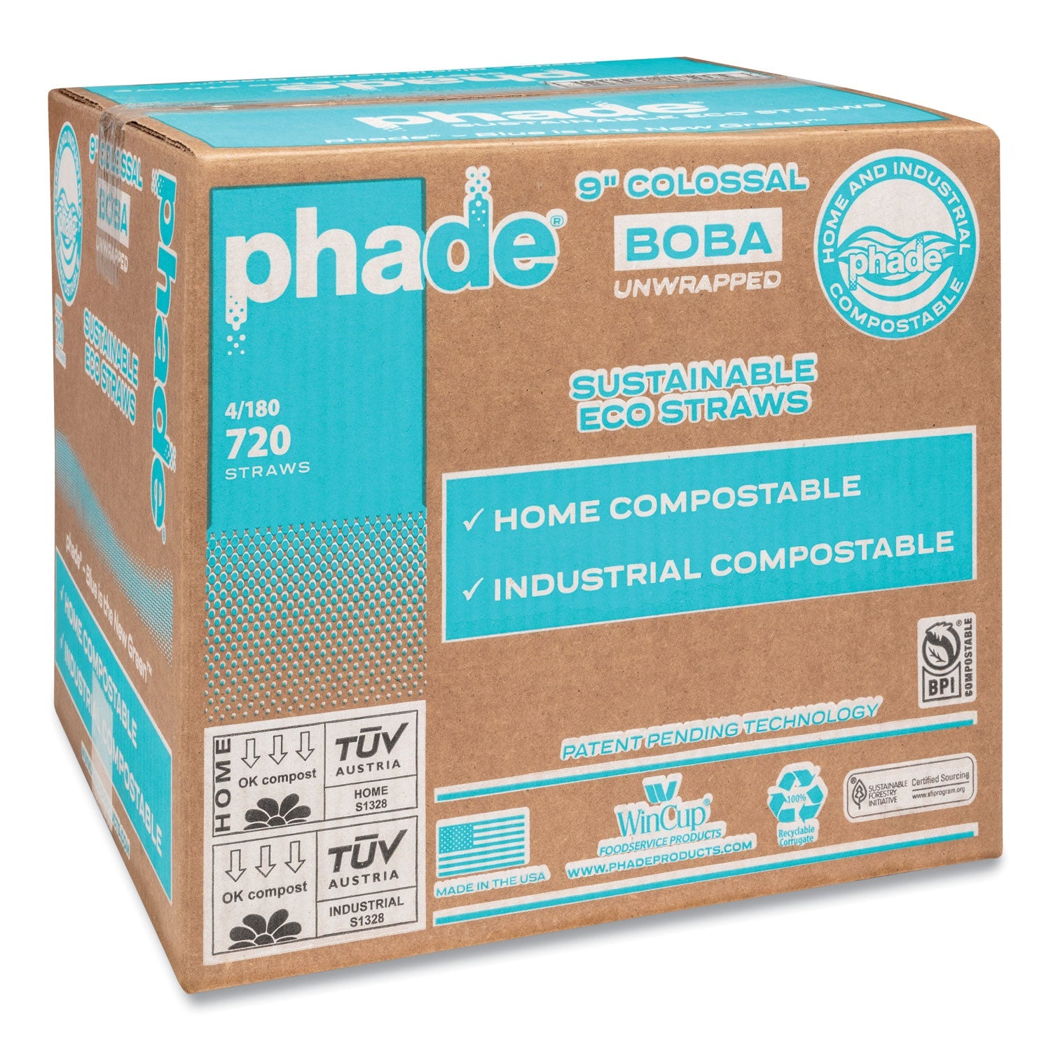 phade™ Marine Biodegradable Straws, Boba Straws, 9", Ocean Blue, 720/Carton