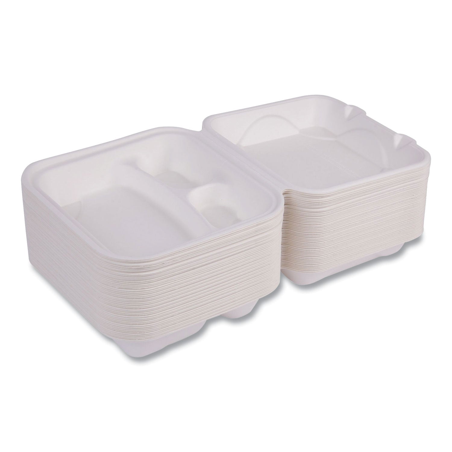 Eco-Products® Vanguard Renewable and Compostable Sugarcane Clamshells, 3 Compartments, 8 x 8 x 3, White, 200/Carton - Bloom Skins
