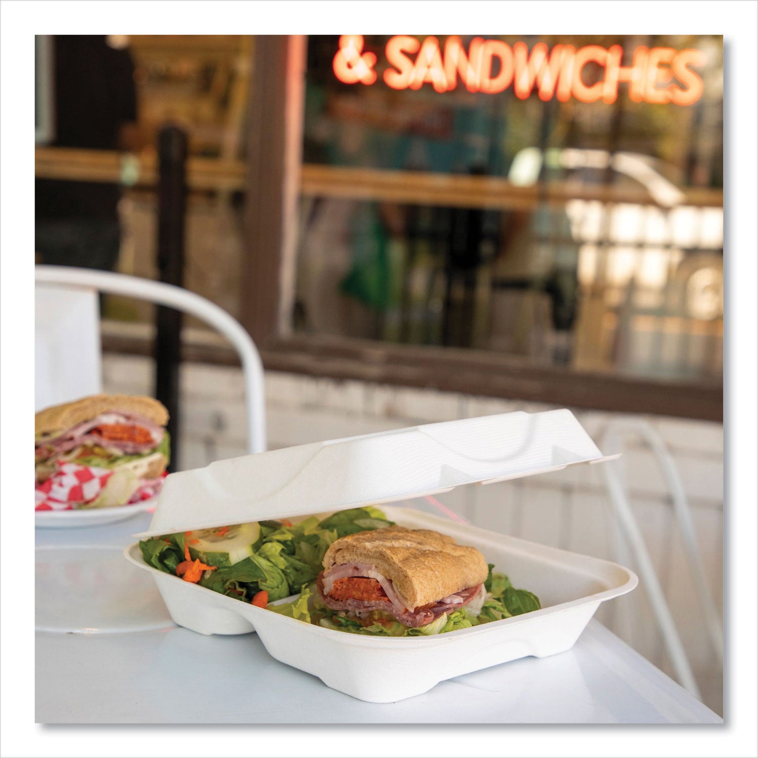 Eco-Products® Vanguard Renewable and Compostable Sugarcane Clamshells, 3 Compartments, 8 x 8 x 3, White, 200/Carton - Bloom Skins