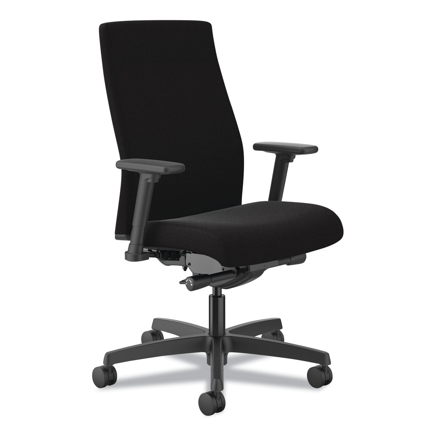 HON® Ignition 2.0 Fabric Upholstered Mid-Back Task Chair with Adjustable T-Arms, 17" to 21.5" Seat Height, Black Seat/Back