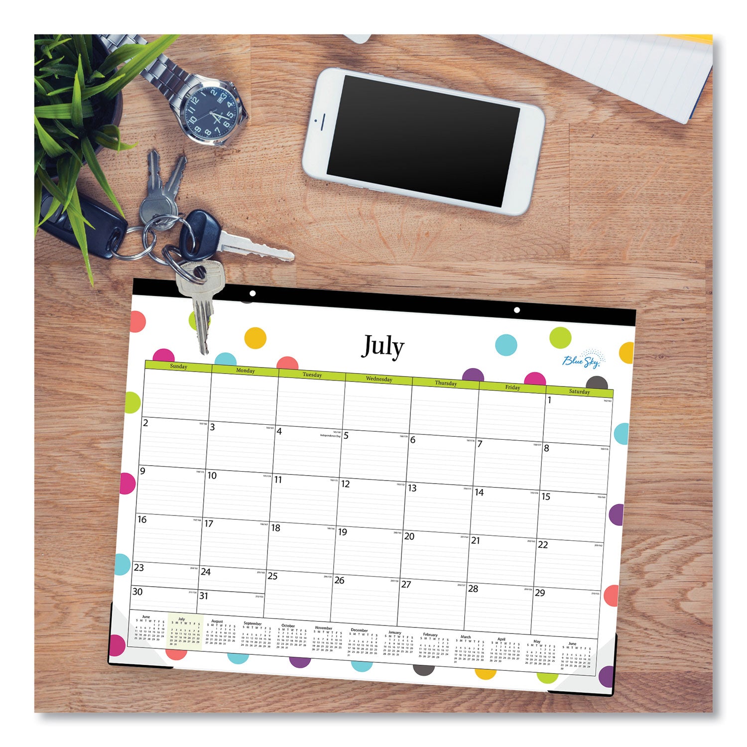 Blue Sky® Teacher Dots Academic Desk Pad, 22 x 17, Black Binding, Clear Corners, 12-Month (July to June): 2024 to 2025
