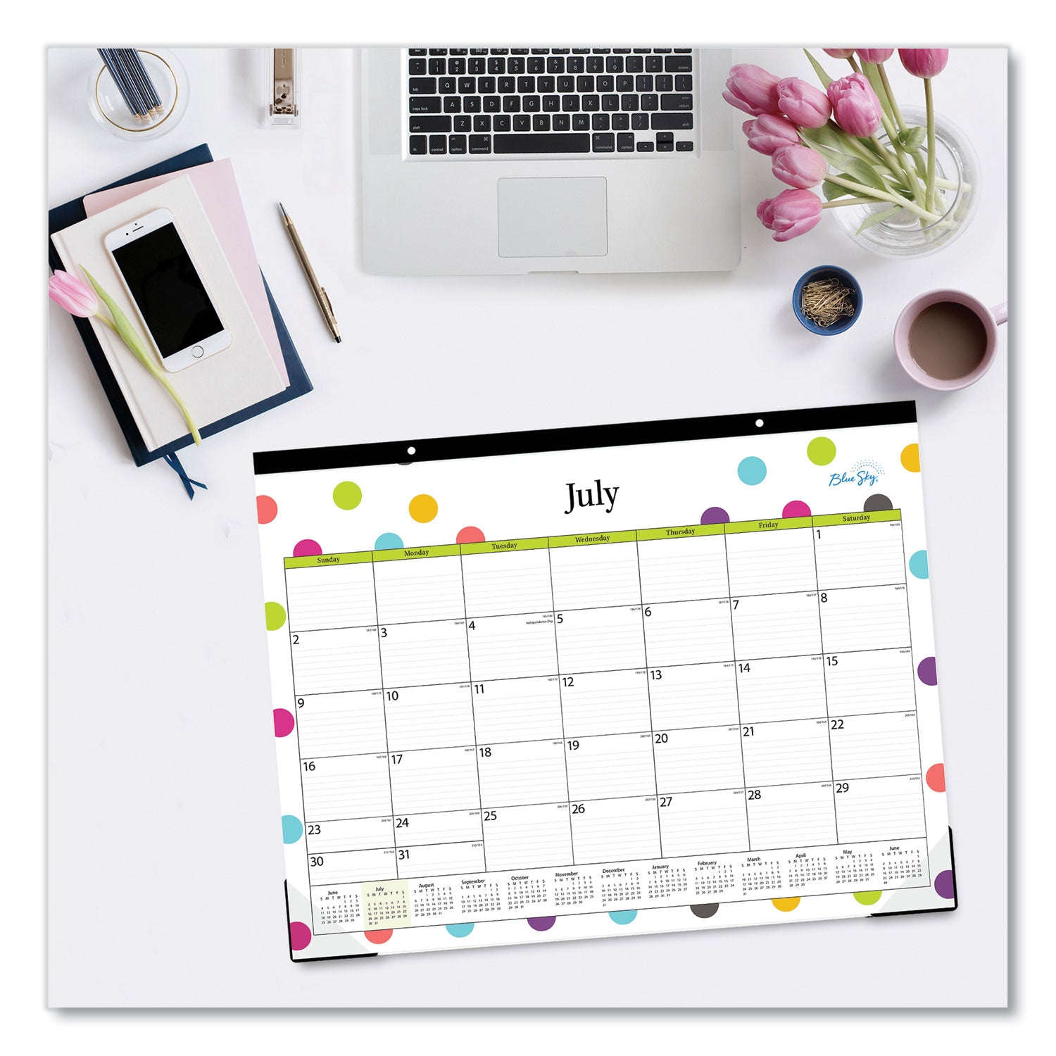 Blue Sky® Teacher Dots Academic Desk Pad, 22 x 17, Black Binding, Clear Corners, 12-Month (July to June): 2024 to 2025