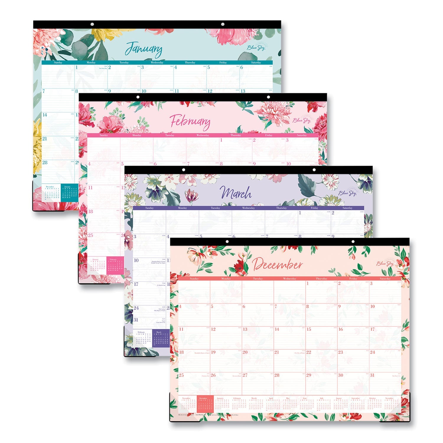 Blue Sky® Reflections Desk Pad Calendar, Floral Artwork, 22 x 17, Assorted Sheet Colors, Black Binding, 12-Month (Jan to Dec): 2025
