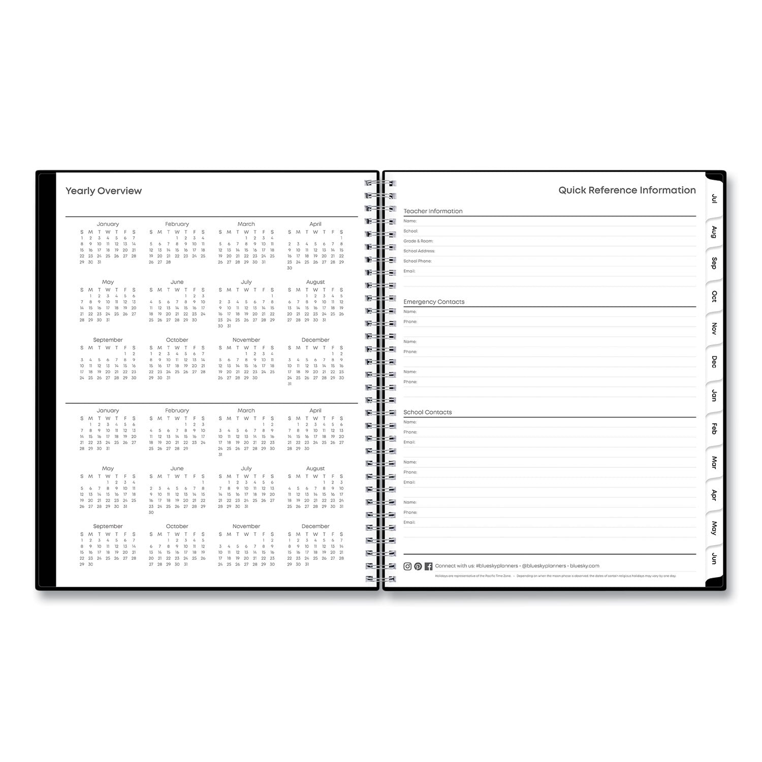 Blue Sky® Teacher's Solid Black Weekly/Monthly Lesson Planner, 2024 to 2025, Nine Classes, Black Cover, (144) 11 x 8.5 Pages - Bloom Skins