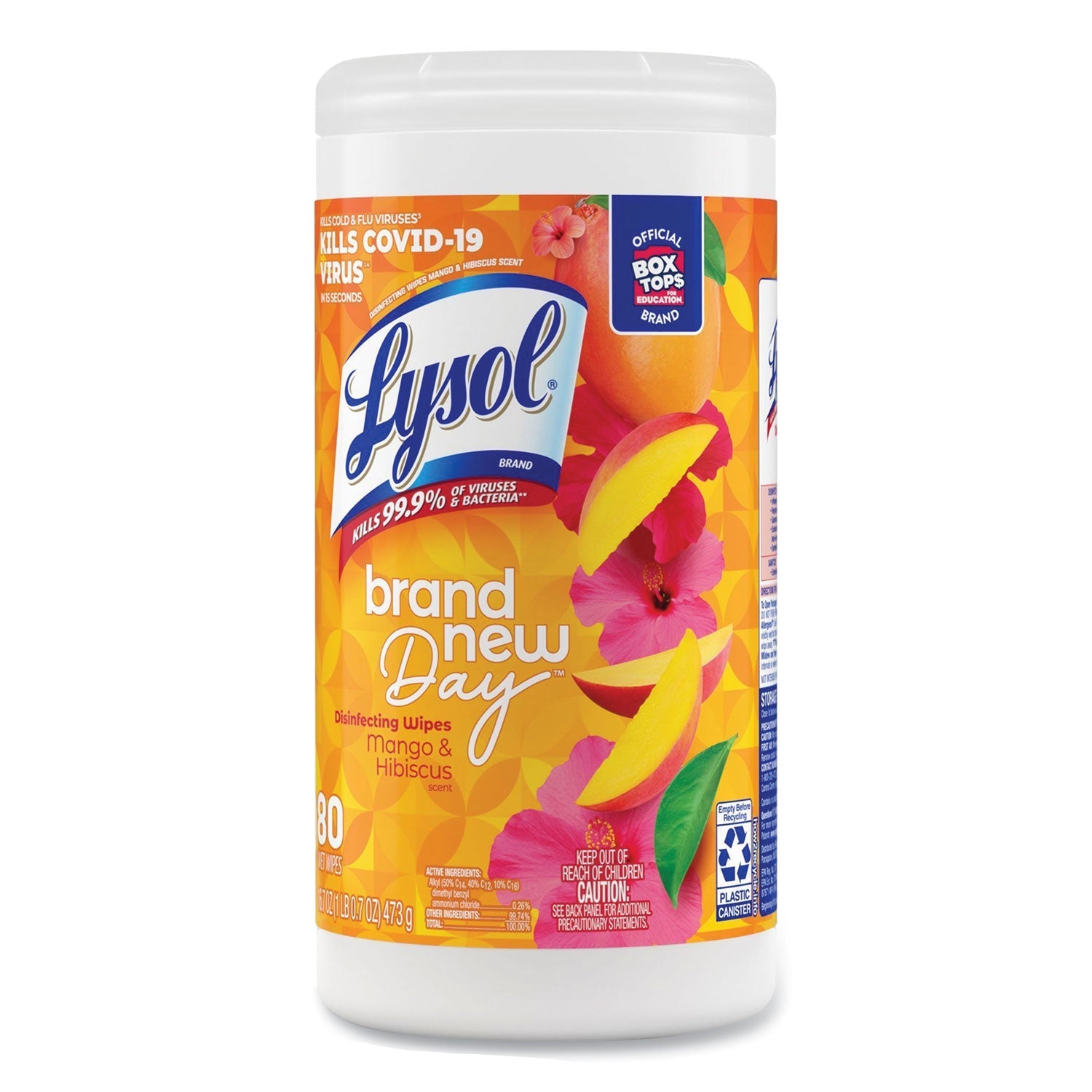 LYSOL® Brand Disinfecting Wipes, 1-Ply, 7 x 7.25, Mango and Hibiscus, White, 80 Wipes/Canister, 6 Canisters/Carton