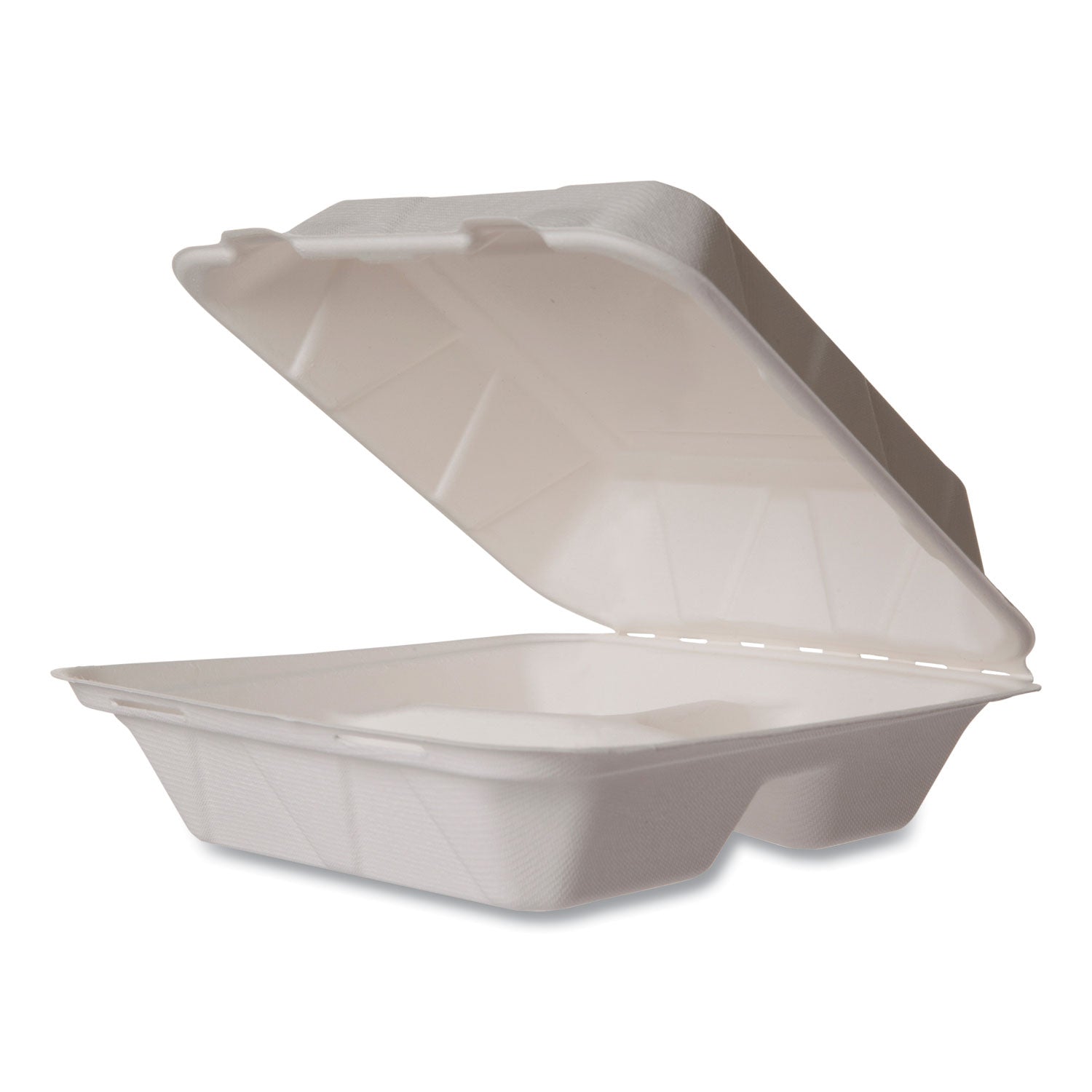 Vegware™ White Molded Fiber Clamshell Containers, Compostable, 3 Compartments, 7.9 x 7.9 x 2.9, White, Sugarcane, 200/Carton