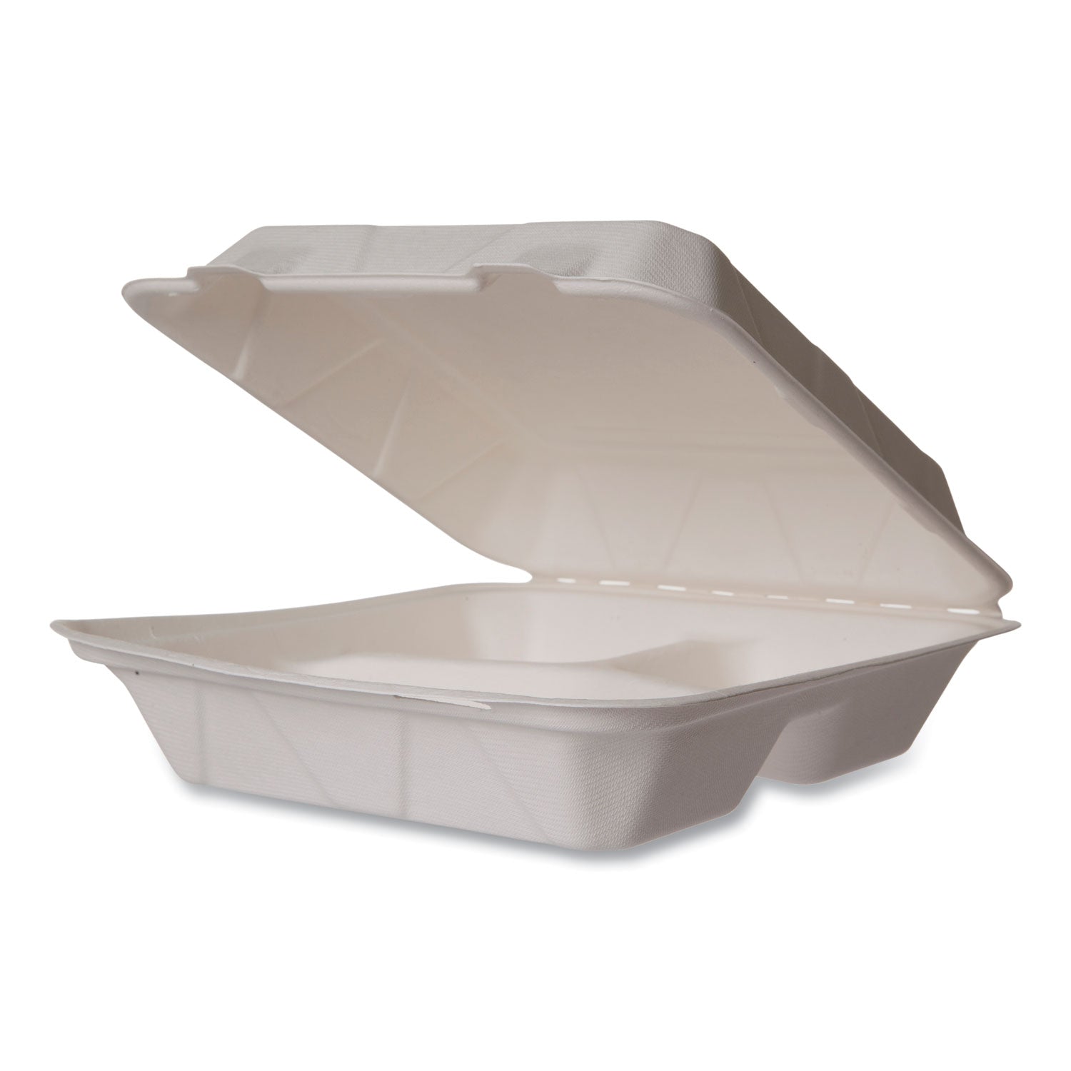 Vegware™ White Molded Fiber Clamshell Containers, Compostable, 3 Compartments, 9 x 18 x 2, White, Sugarcane, 200/Carton