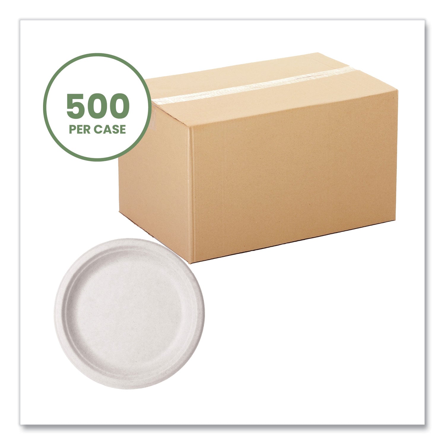 Vegware™ Molded Fiber Tableware, Compostable, Plate, Sugarcane, 9" dia, White, 500/Carton