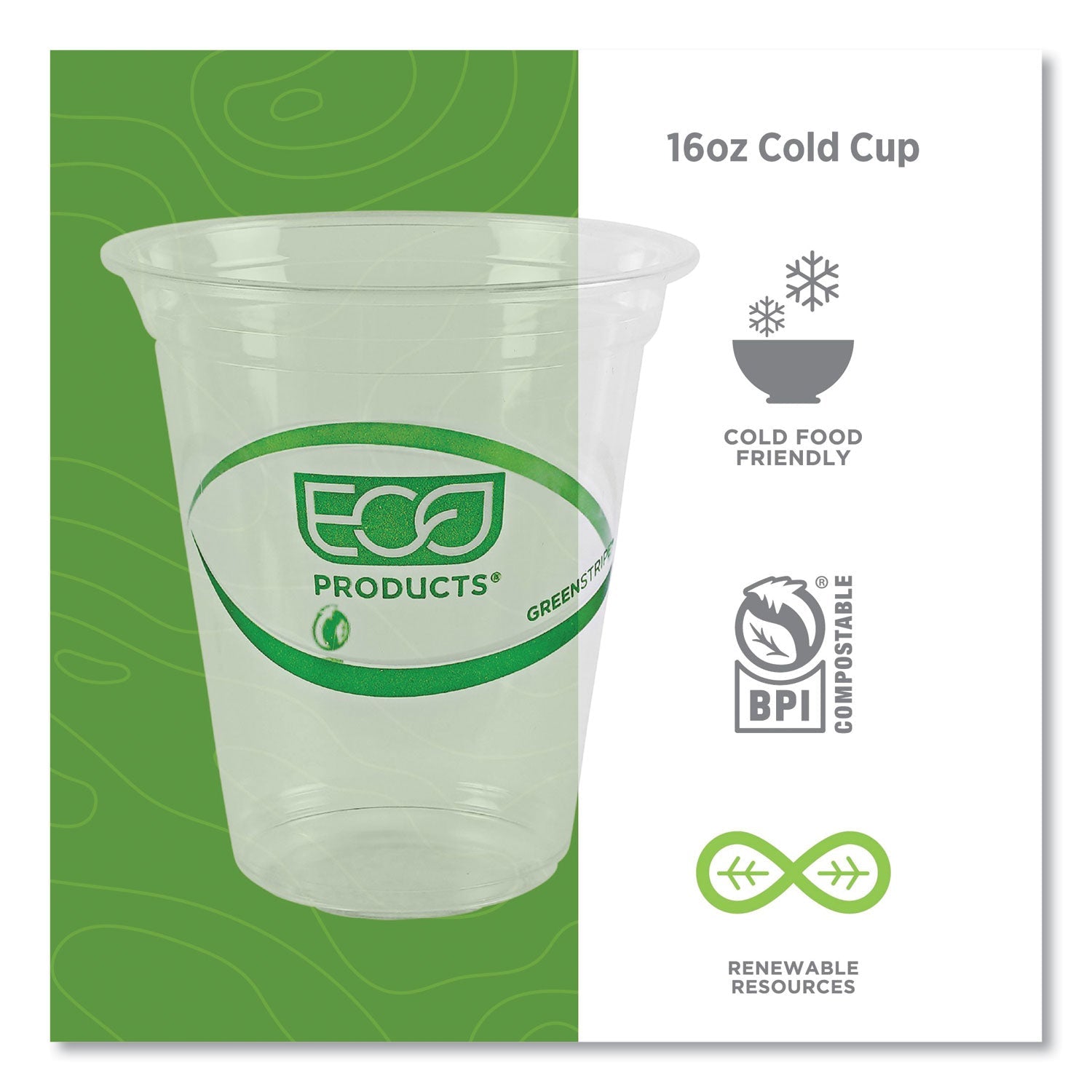 Eco-Products® GreenStripe Renewable and Compostable Cold Cups Convenience Pack, 16 oz, Plastic, Clear, 50/Pack