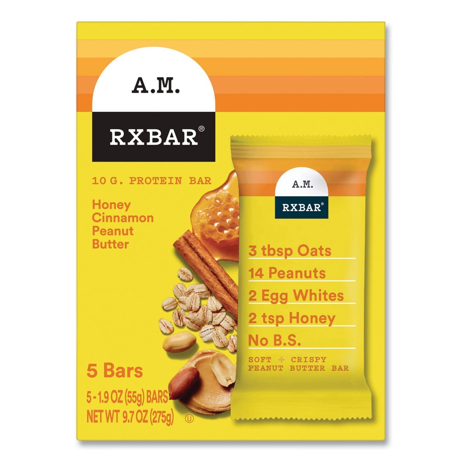 A.M. RXBAR® Adult Bars, Honey Cinnamon Peanut Butter, 1.9 oz Bar, 5 Bars/Packs, 2 Packs/Carton
