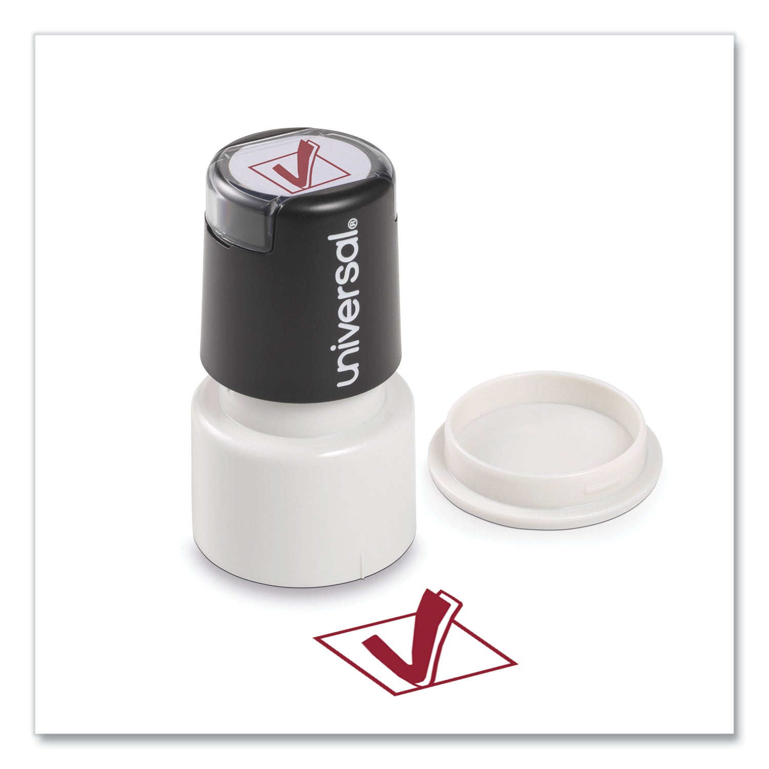 Universal® Round Message Stamp, Check Mark, Pre-Inked/re-Inkable, Red