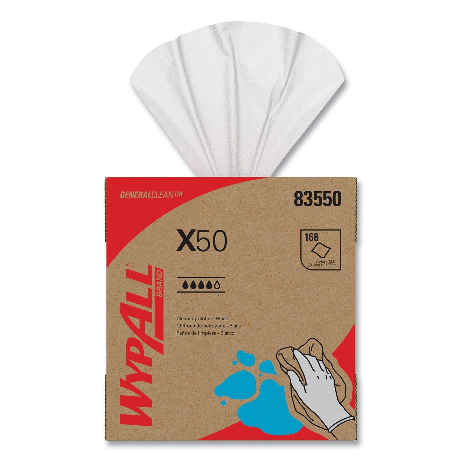 WypAll® X50 Cloths, POP-UP Box, 12.5 x 9.1, White, 168/Box, 10 Boxes/Carton
