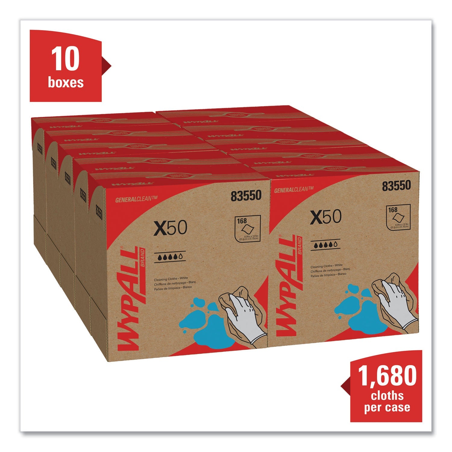 WypAll® X50 Cloths, POP-UP Box, 12.5 x 9.1, White, 168/Box, 10 Boxes/Carton