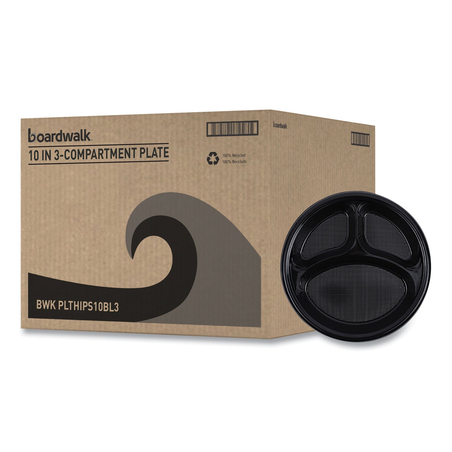 Boardwalk® Hi-Impact Plastic Dinnerware, 3-Compartment Plate, 10" dia, Black, 125/Sleeve, 4 Sleeves/Carton