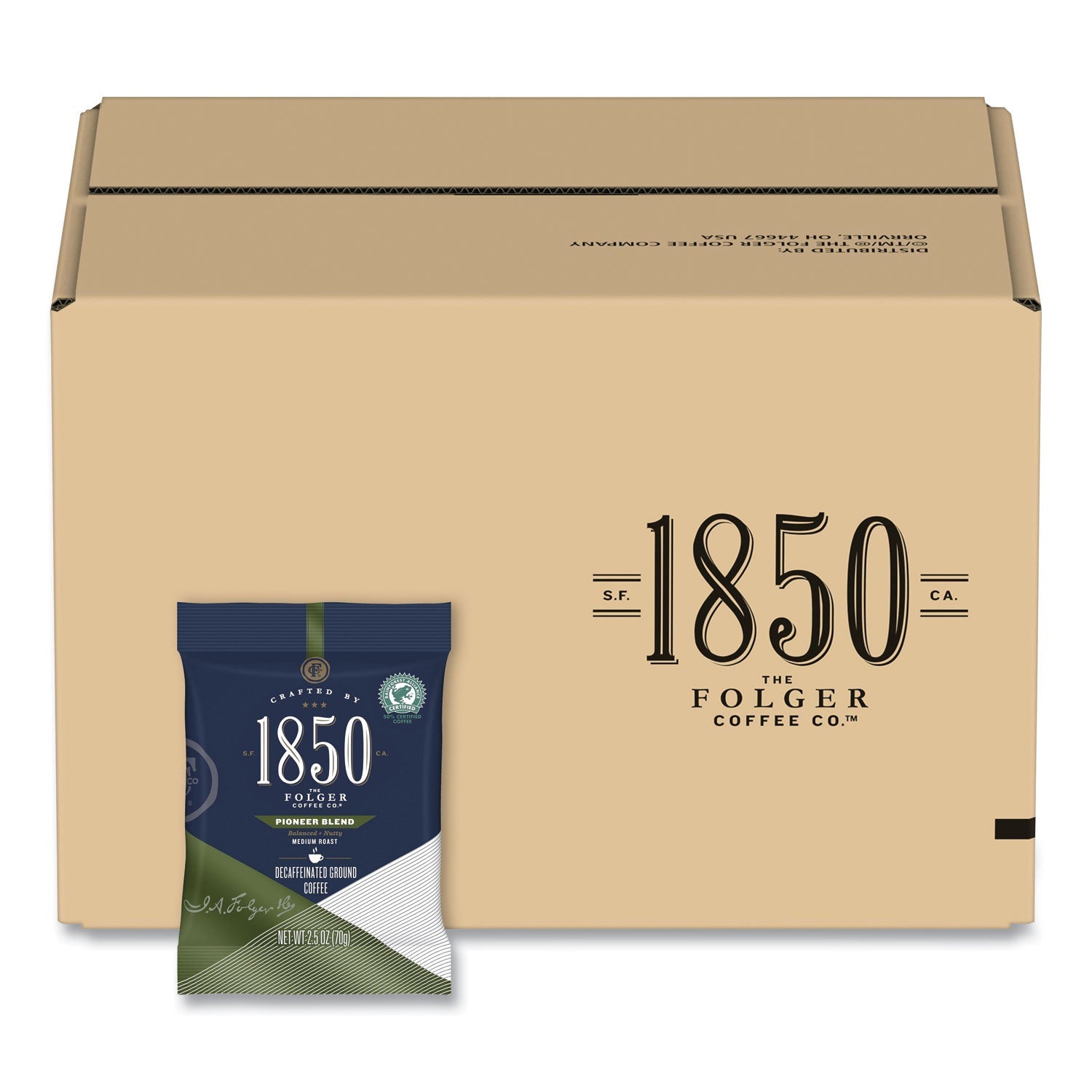 1850 Coffee Fraction Packs, Pioneer Blend Decaf, Medium Roast, 2.5 Oz Pack, 24 Packs/carton