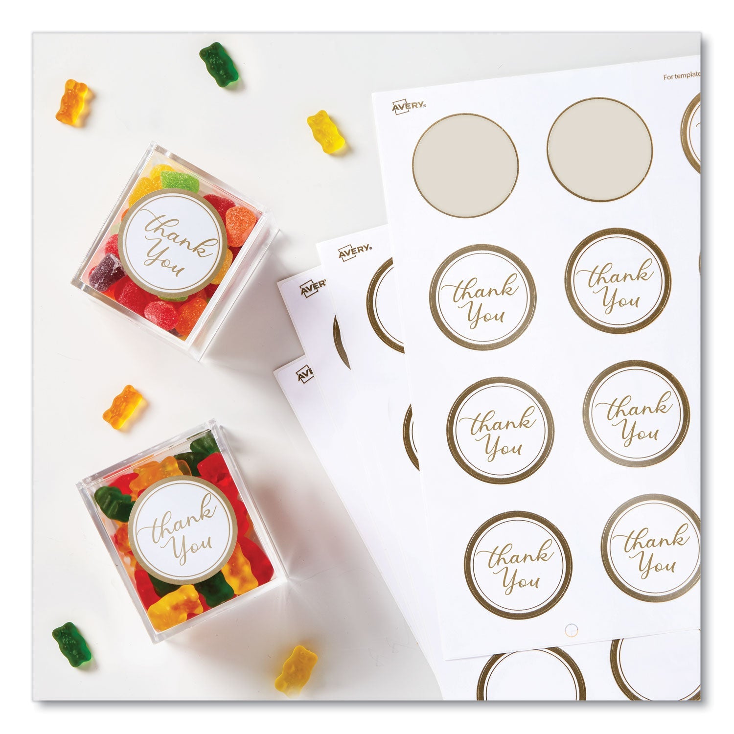 Avery® Round Labels, 2" dia, White with Gold Border, 12/Sheet, 10 Sheets/Pack