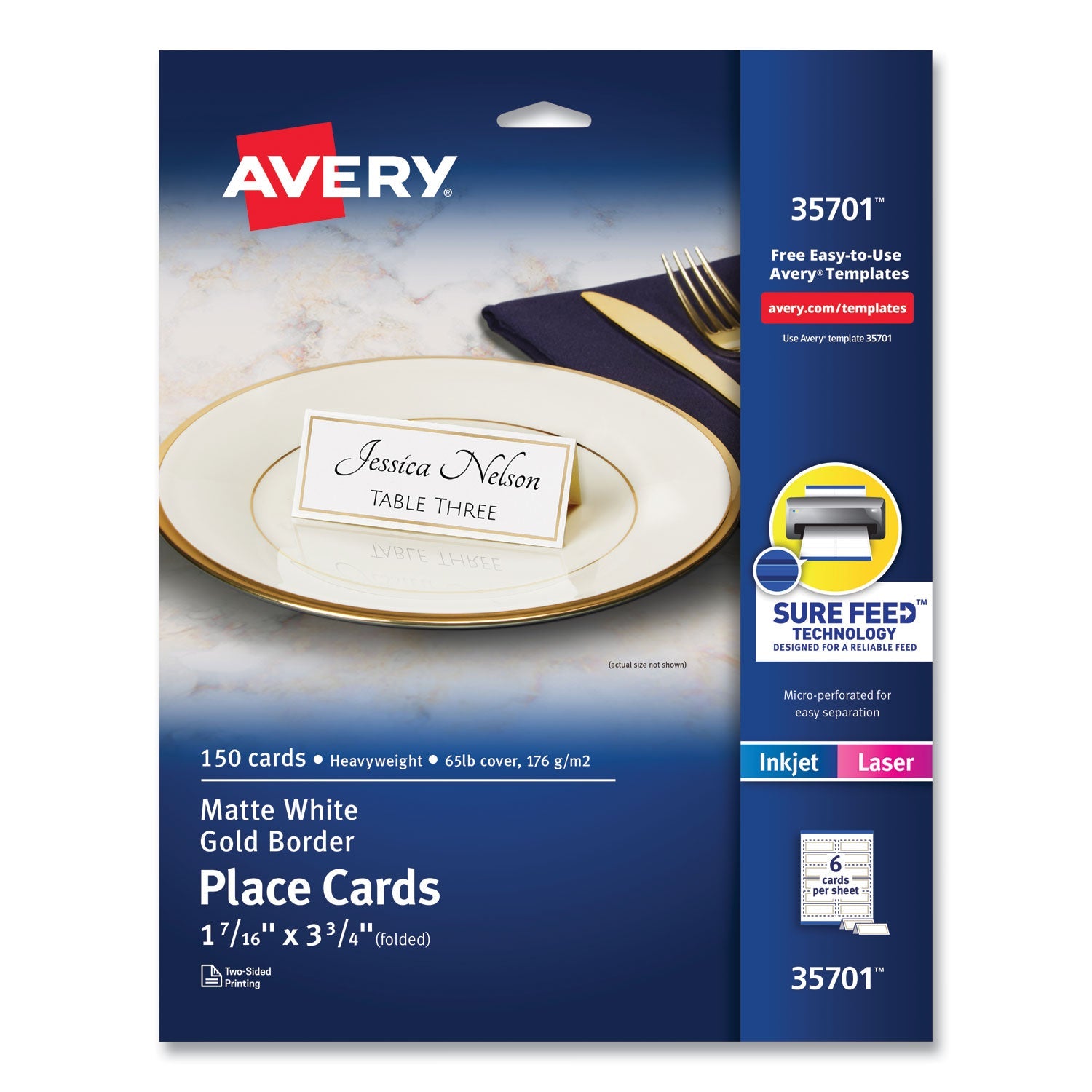 Avery® Tent Cards, White/Gold, 3.75" x 1.44", 6 Cards/Sheet, 25 Sheets/Pack
