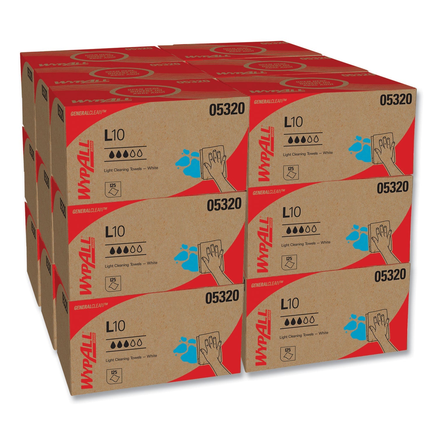 WypAll® L10 Towels, POP-UP Box, 1-Ply, 9 x 10.5, White, 125/Box, 18 Boxes/Carton