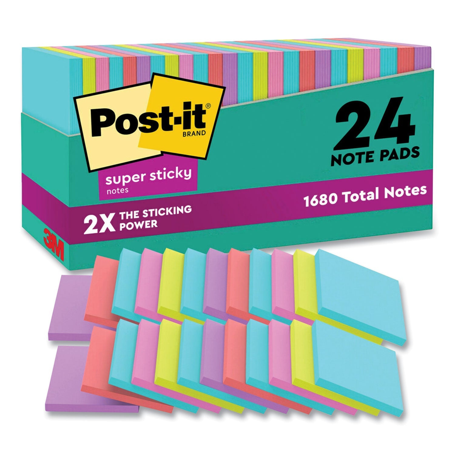 Post-it® Notes Super Sticky Pads in Supernova Neon Collection Colors, Cabinet Pack, 3" x 3", 70 Sheets/Pad, 24 Pads/Pack
