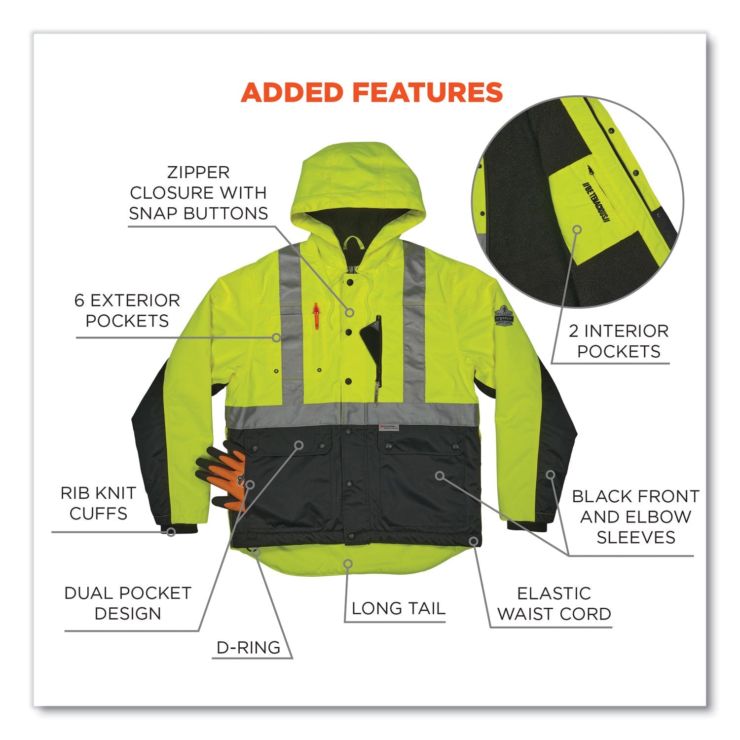 ergodyne® GloWear 8275 Class 2 Heavy-Duty Hi-Vis Workwear Sherpa Lined Jacket, X-Large, Lime