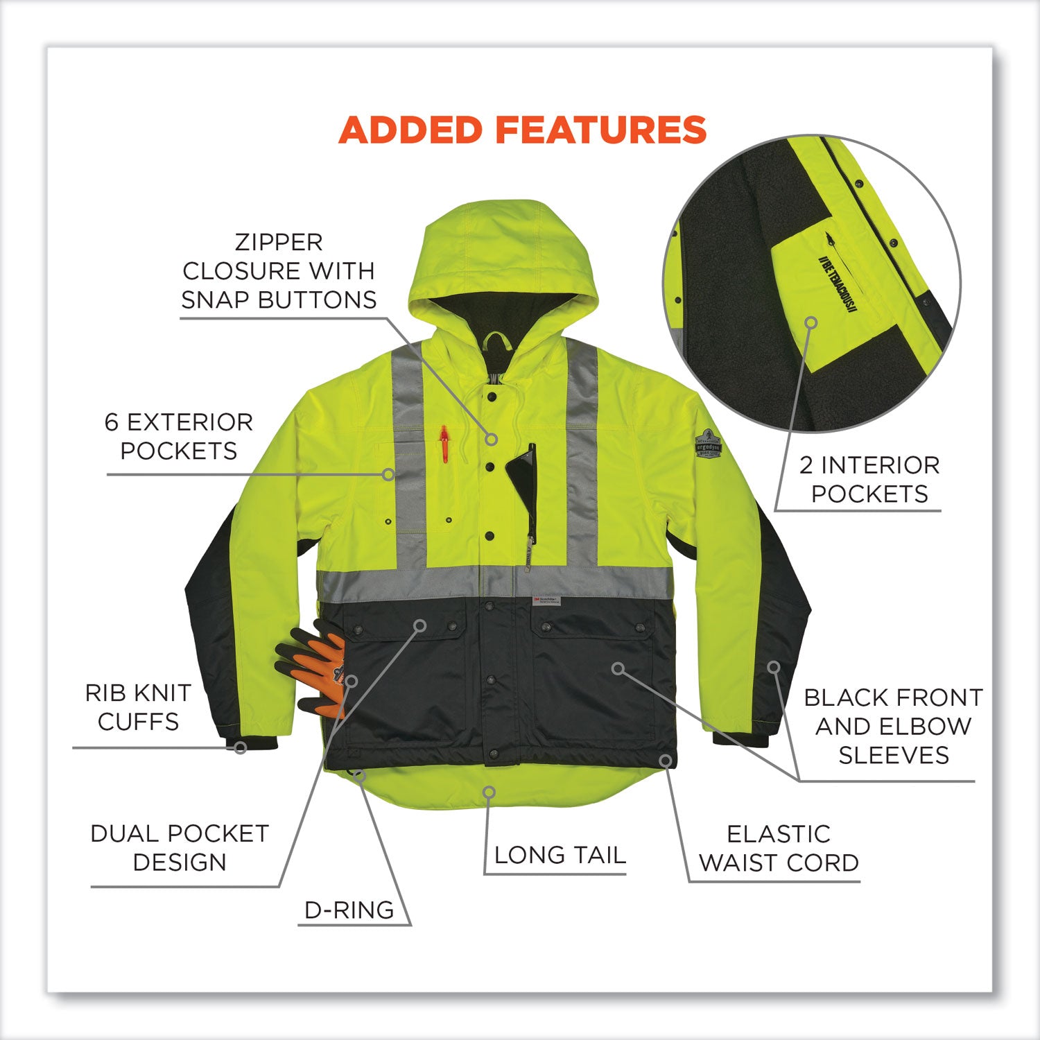 ergodyne® GloWear 8275 Class 2 Heavy-Duty Hi-Vis Workwear Sherpa Lined Jacket, 2X-Large, Lime