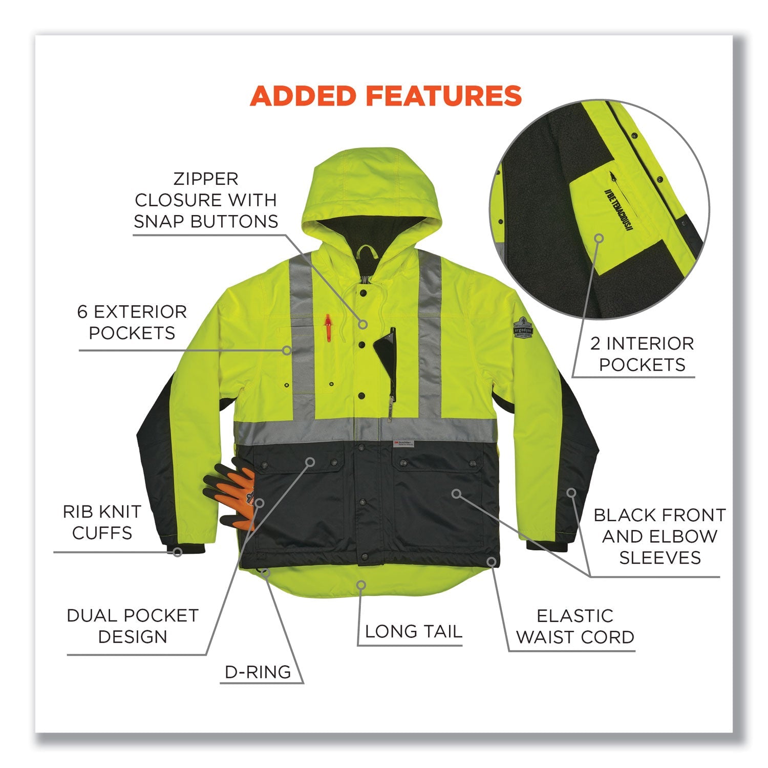 ergodyne® GloWear 8275 Class 2 Heavy-Duty Hi-Vis Workwear Sherpa Lined Jacket, 3X-Large, Lime