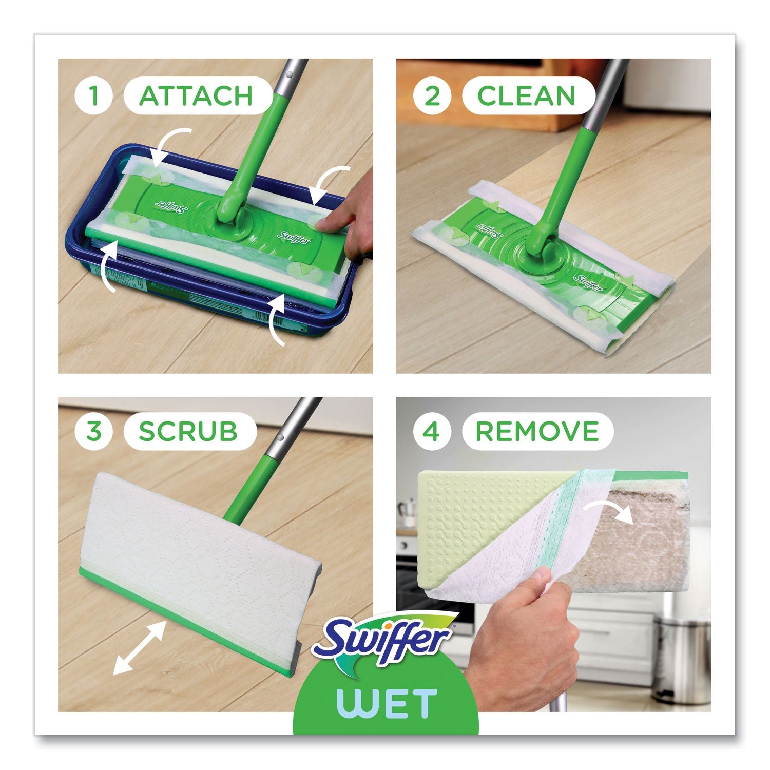 Swiffer® Sweeper Mop, 10 x 4.8 White, Cloth Head, 46" Green/Silver Aluminum/Plastic Handle, 6/Carton - Bloom Skins
