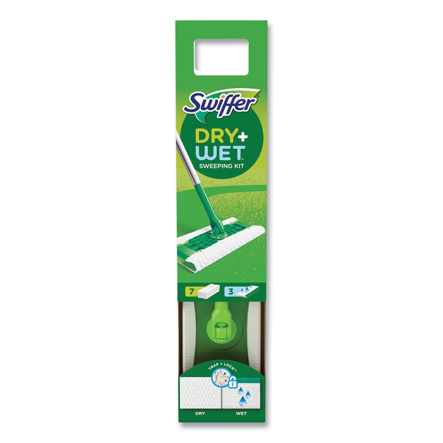 Swiffer® Sweeper Mop, 10 x 4.8 White, Cloth Head, 46" Green/Silver Aluminum/Plastic Handle, 6/Carton
