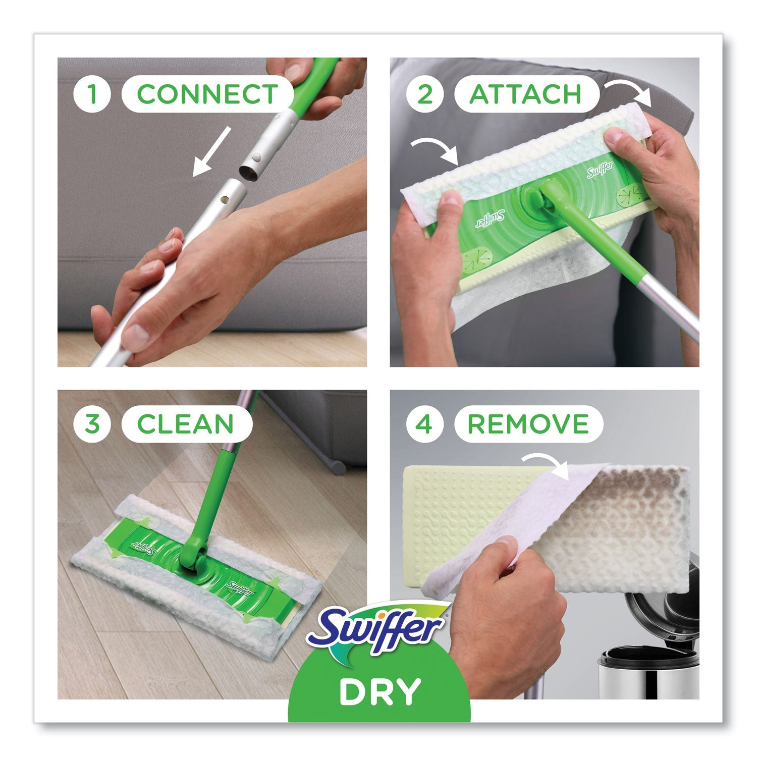 Swiffer® Sweeper Mop, 10 x 4.8 White, Cloth Head, 46" Green/Silver Aluminum/Plastic Handle, 6/Carton - Bloom Skins