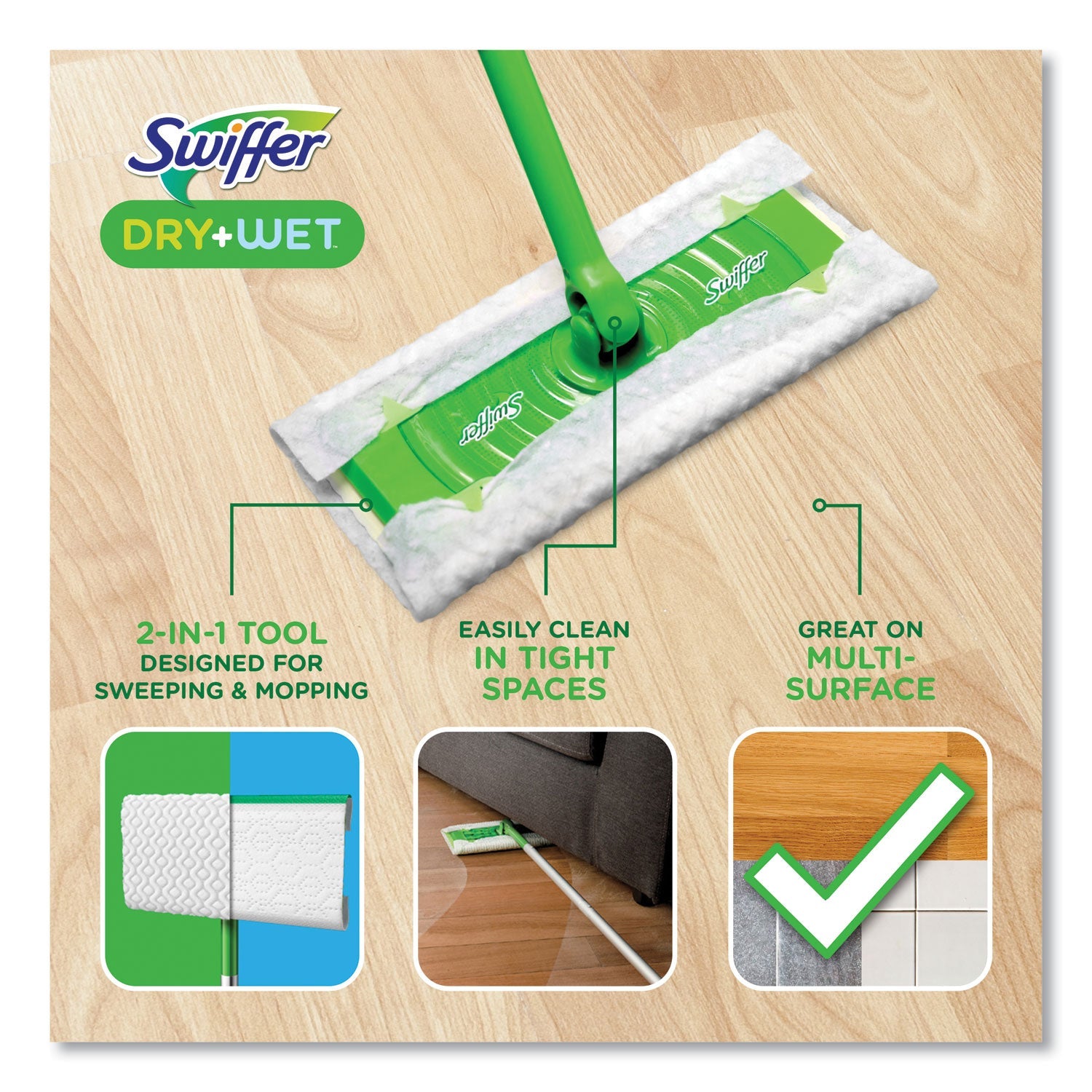 Swiffer® Sweeper Mop, 10 x 4.8 White, Cloth Head, 46" Green/Silver Aluminum/Plastic Handle, 6/Carton - Bloom Skins